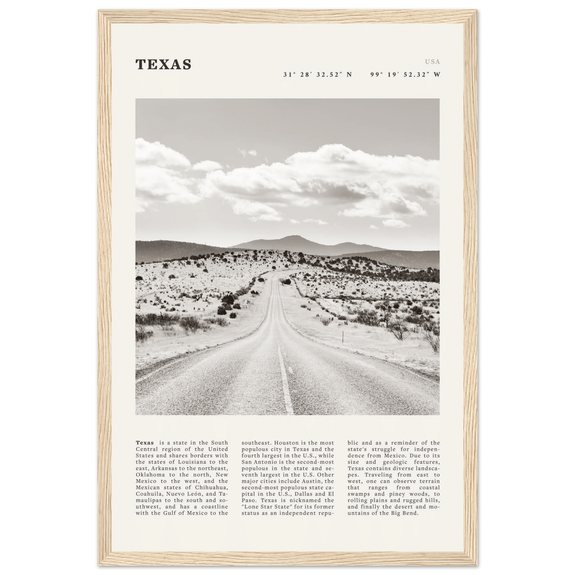 Texas Poster | Black & White Lone Star Road Wall Art | USA Travel Print Decor - Evergreen Posters