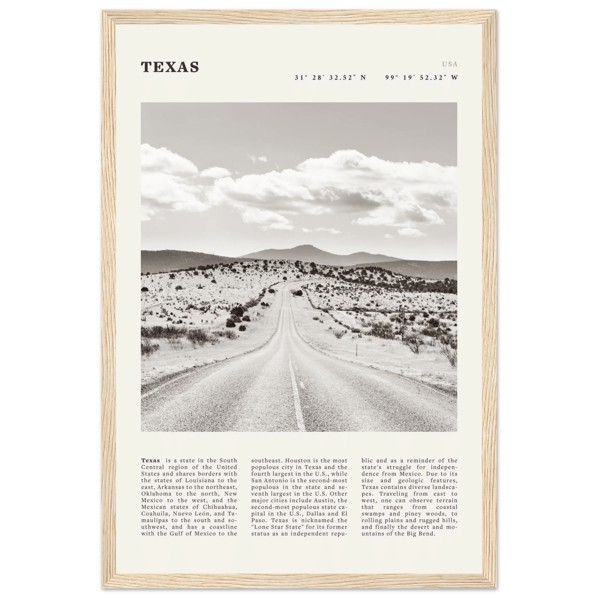 Texas Poster | Black & White Lone Star Road Wall Art | USA Travel Print Decor - Evergreen Posters