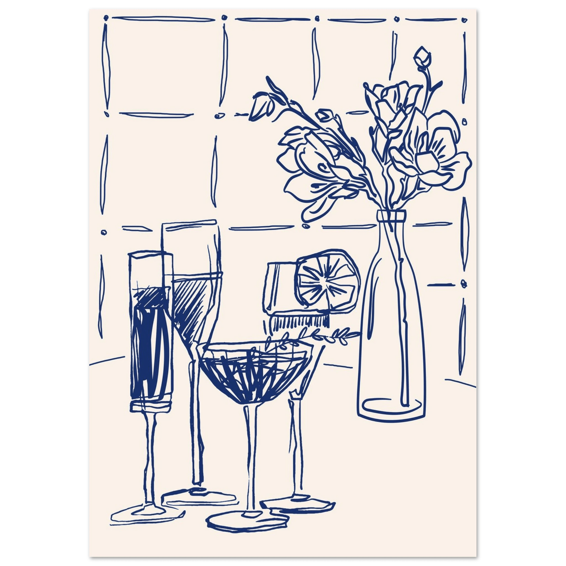 Cocktails & Flowers Print | Navy Blue Line Art Drinks Wall Art | Kitchen Bar Poster - Evergreen Posters