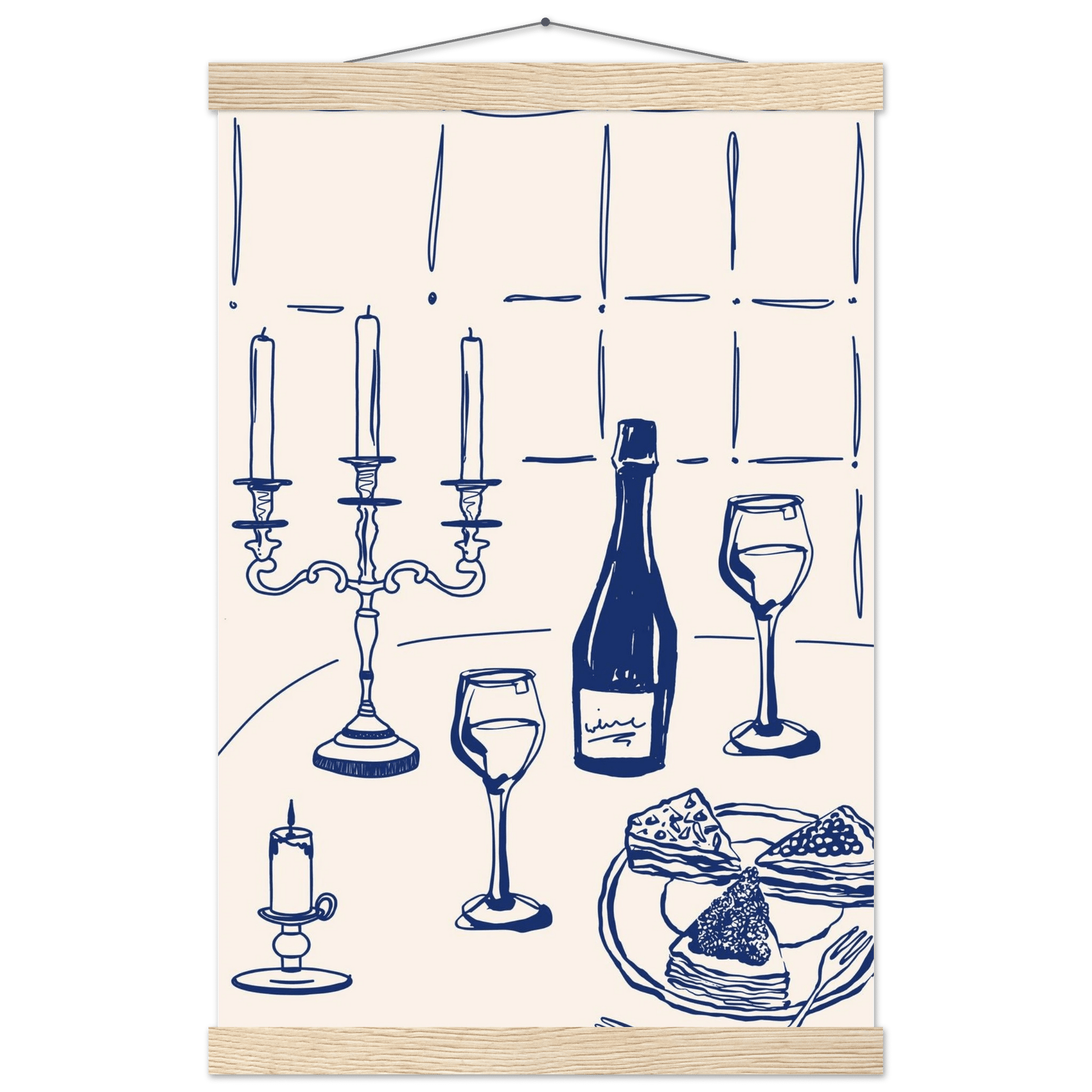 Candlelight Dinner Print | Navy Blue Wine & Candelabra Line Art | Kitchen Poster - Evergreen Posters