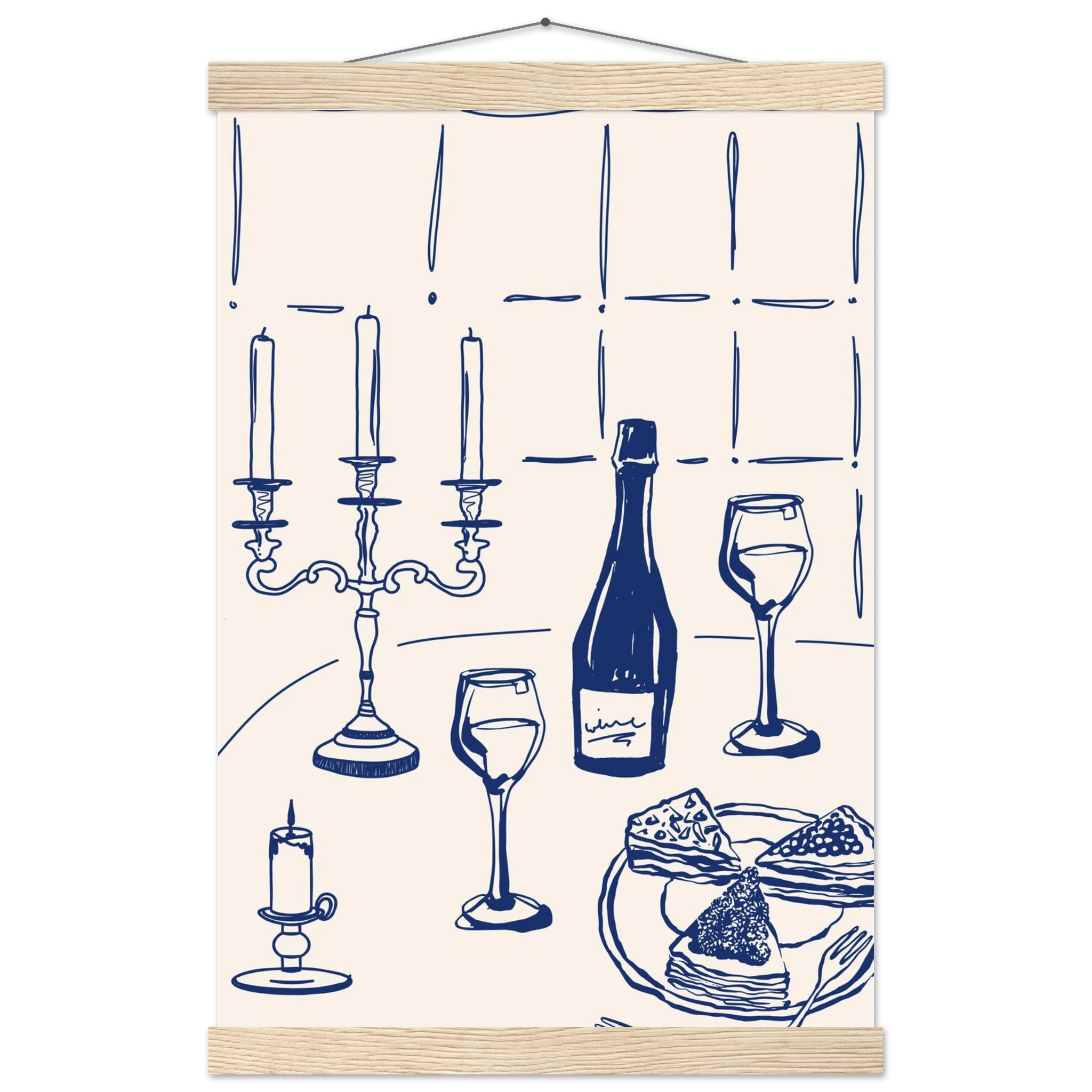 Candlelight Dinner Print | Navy Blue Wine & Candelabra Line Art | Kitchen Poster - Evergreen Posters