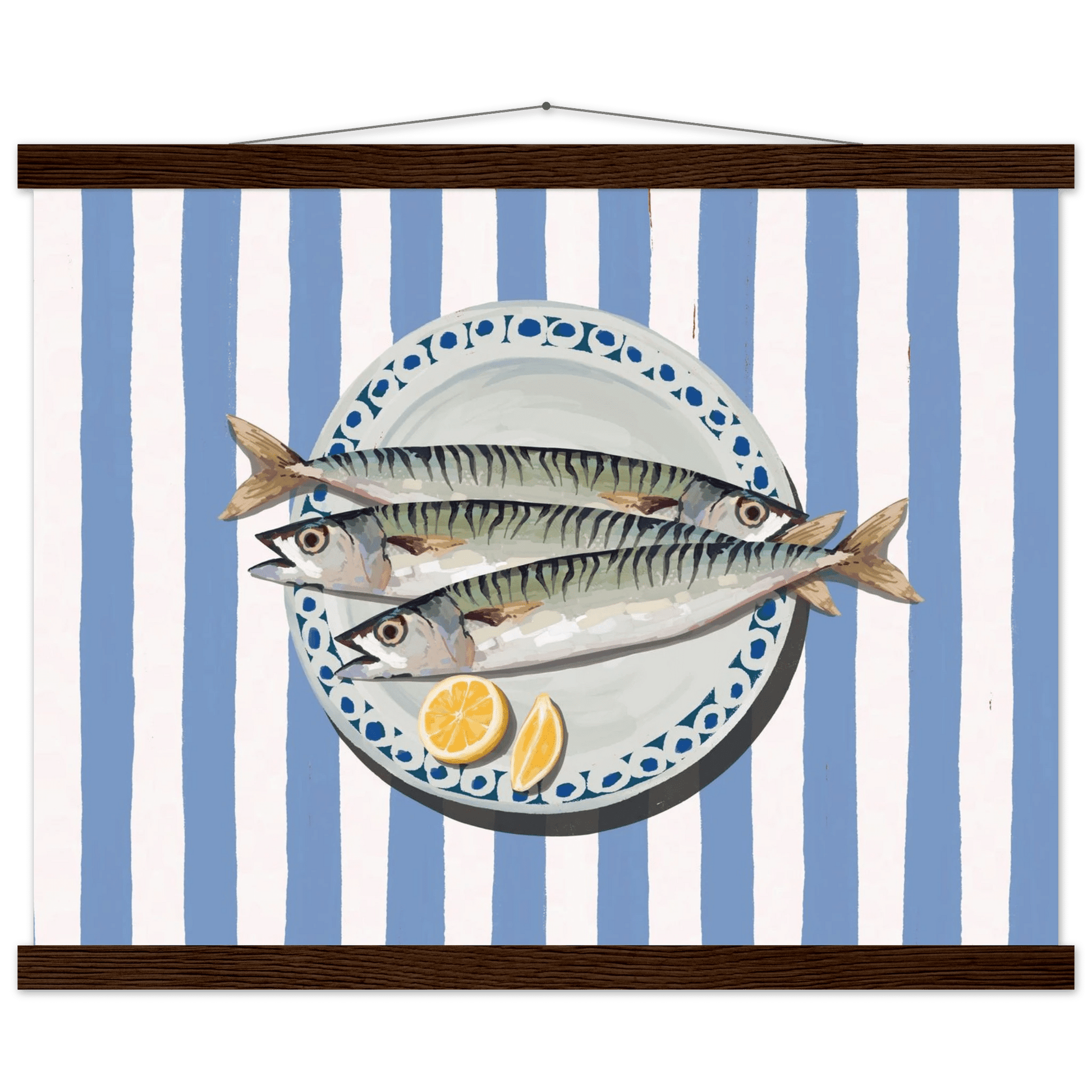 Sardines Print | Blue Stripe Fish Kitchen Wall Art | Coastal Food Poster - Evergreen Posters