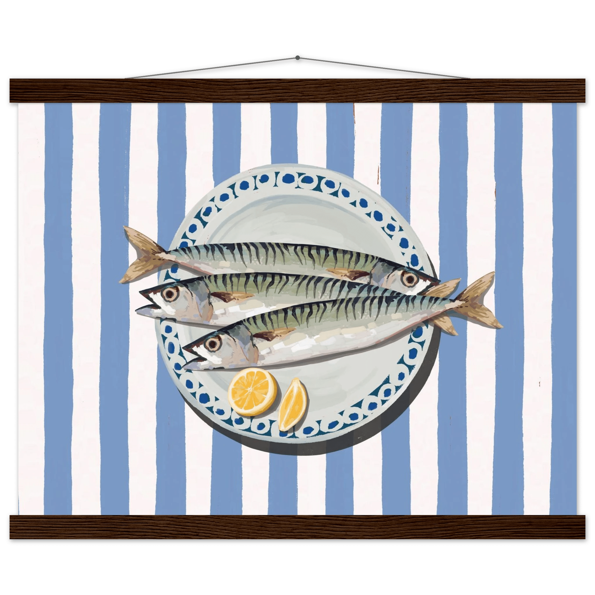 Sardines Print | Blue Stripe Fish Kitchen Wall Art | Coastal Food Poster - Evergreen Posters