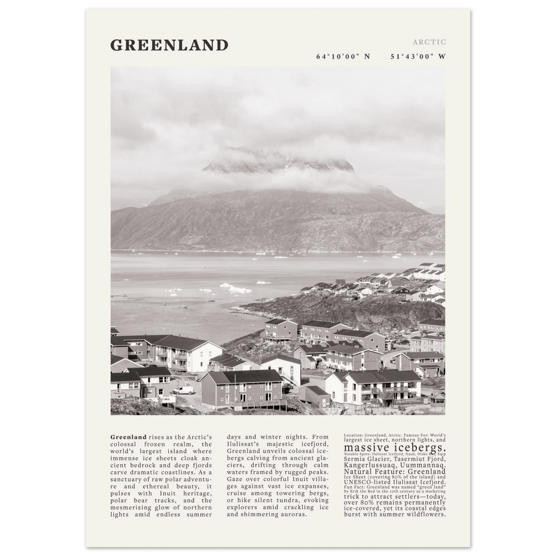 Greenland Poster Black and White – Vintage Arctic Fjord Landscape Print (Digital & Printed Options) - Evergreen Posters