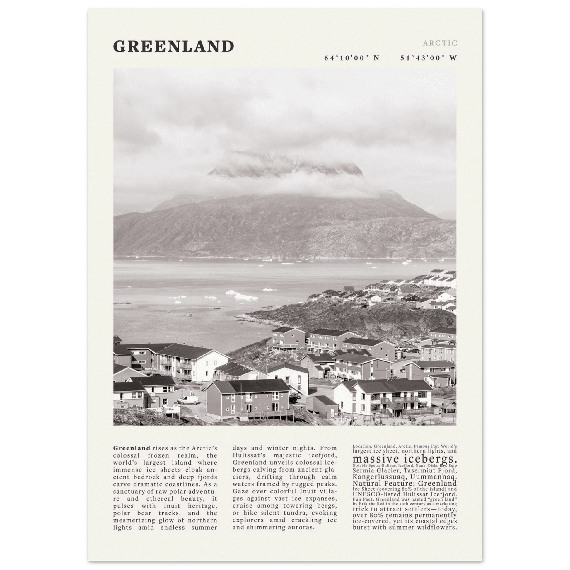 Greenland Poster Black and White – Vintage Arctic Fjord Landscape Print (Digital & Printed Options) - Evergreen Posters