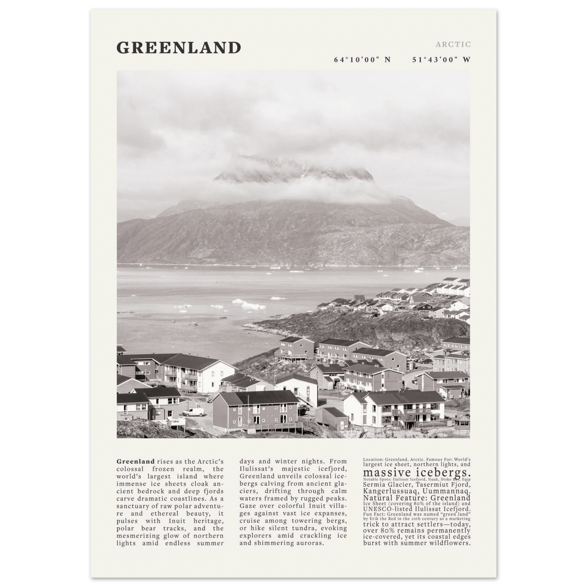 Greenland Poster Black and White – Vintage Arctic Fjord Landscape Print (Digital & Printed Options) - Evergreen Posters