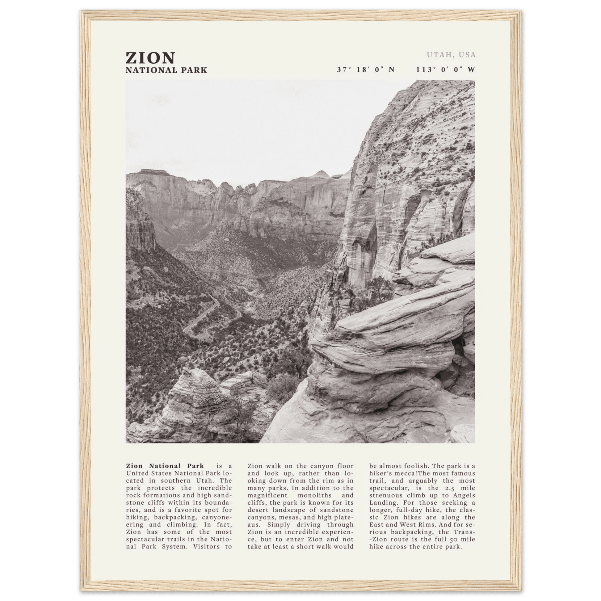 Zion National Park Poster | Black & White Utah Canyon Wall Art | USA Travel Print - Evergreen Posters