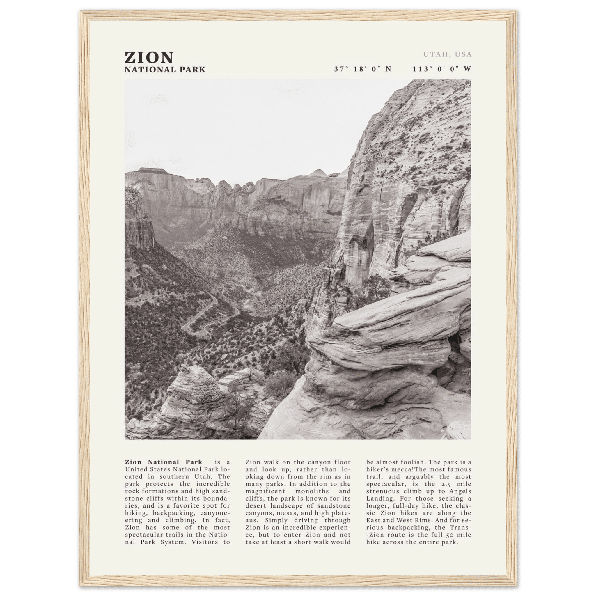 Zion National Park Poster | Black & White Utah Canyon Wall Art | USA Travel Print - Evergreen Posters