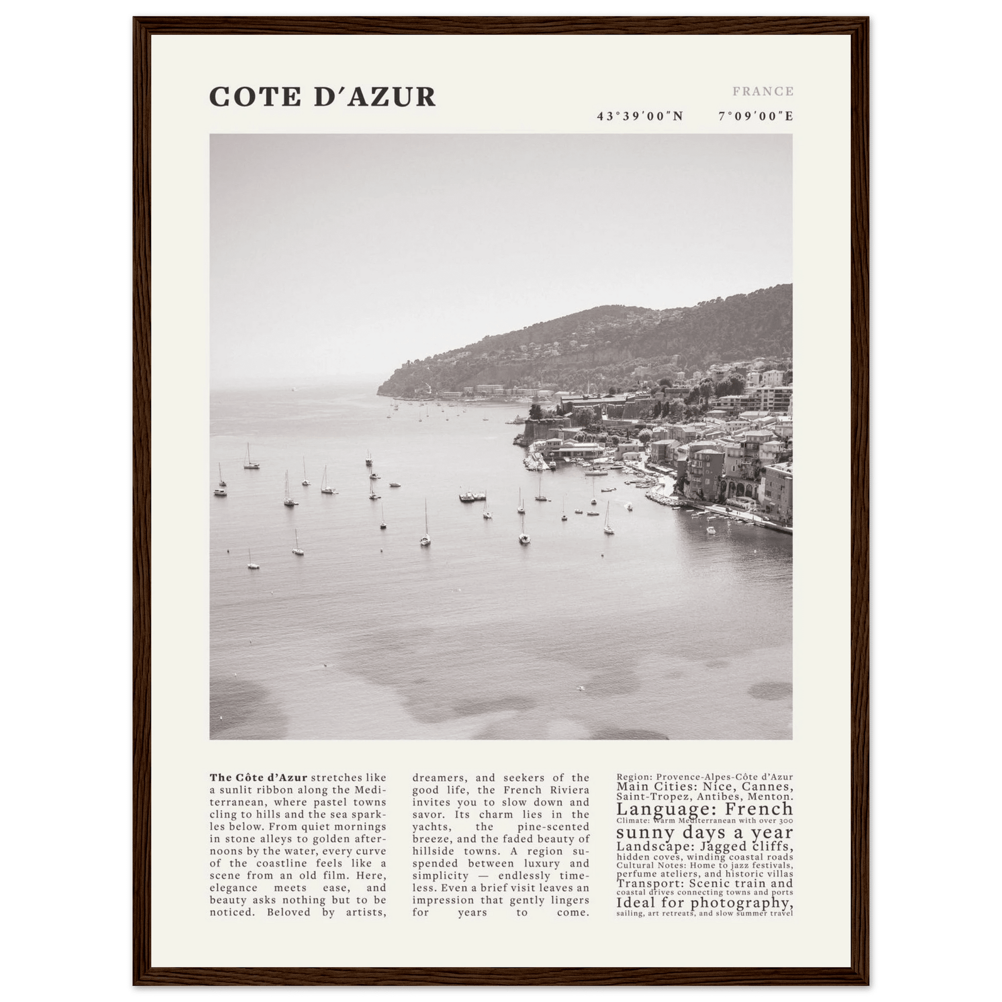 Côte d'Azur Poster Black and White – Vintage French Riviera Coast Print (Digital & Printed Options) - Evergreen Posters