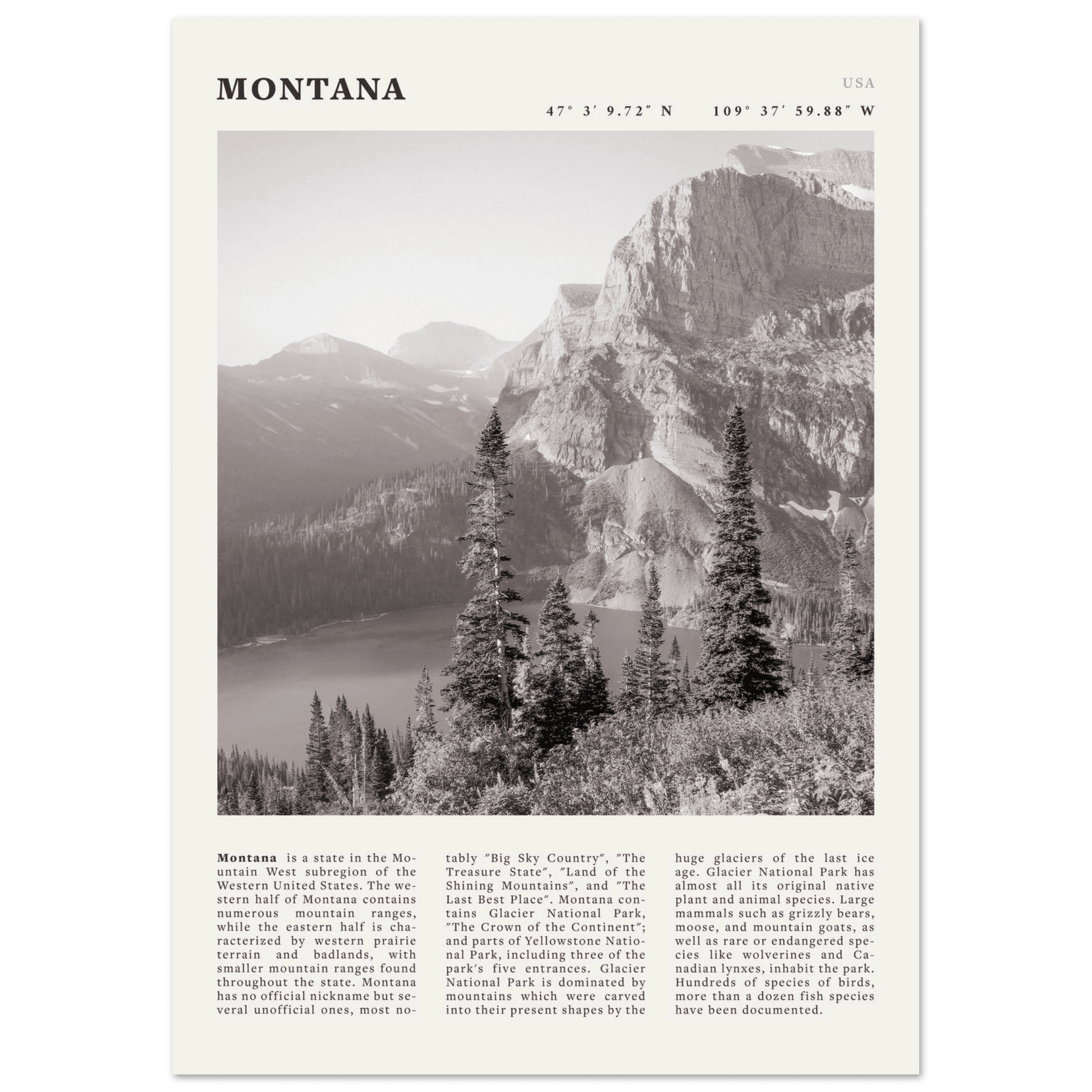 Montana Poster | Black & White Glacier National Park Wall Art | Nature Travel Print - Evergreen Posters
