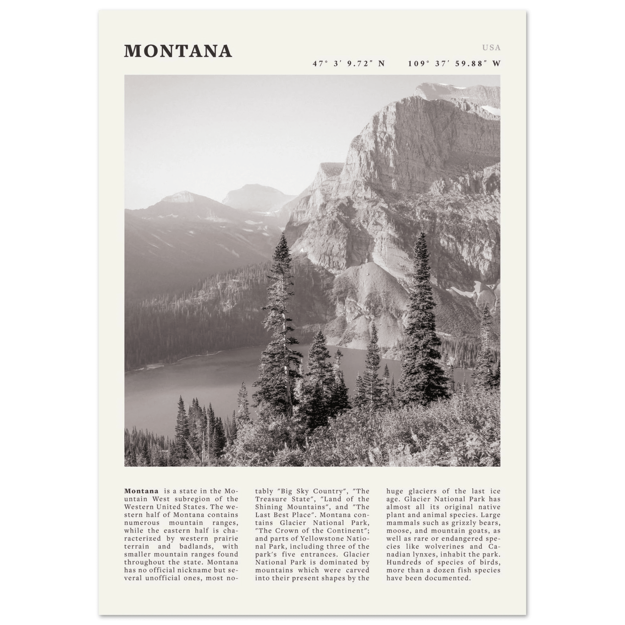Montana Poster | Black & White Glacier National Park Wall Art | Nature Travel Print - Evergreen Posters