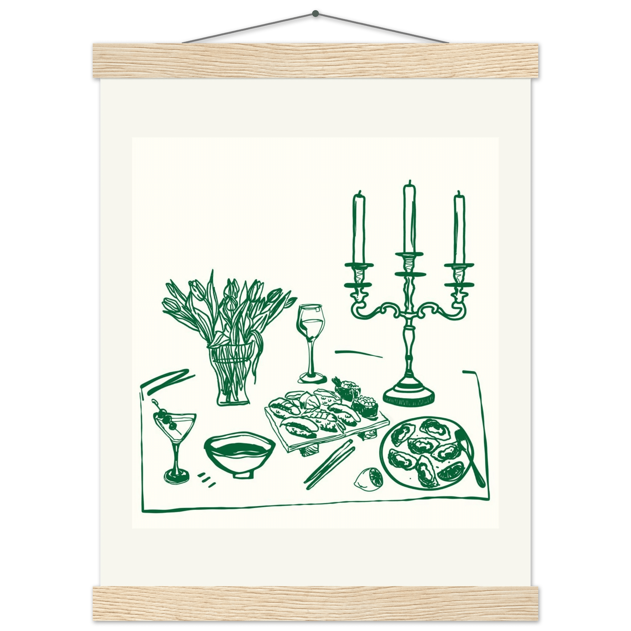 Fine Dining Table Print | Green Line Art Kitchen Wall Art | Elegant Dining Room Poster - Evergreen Posters
