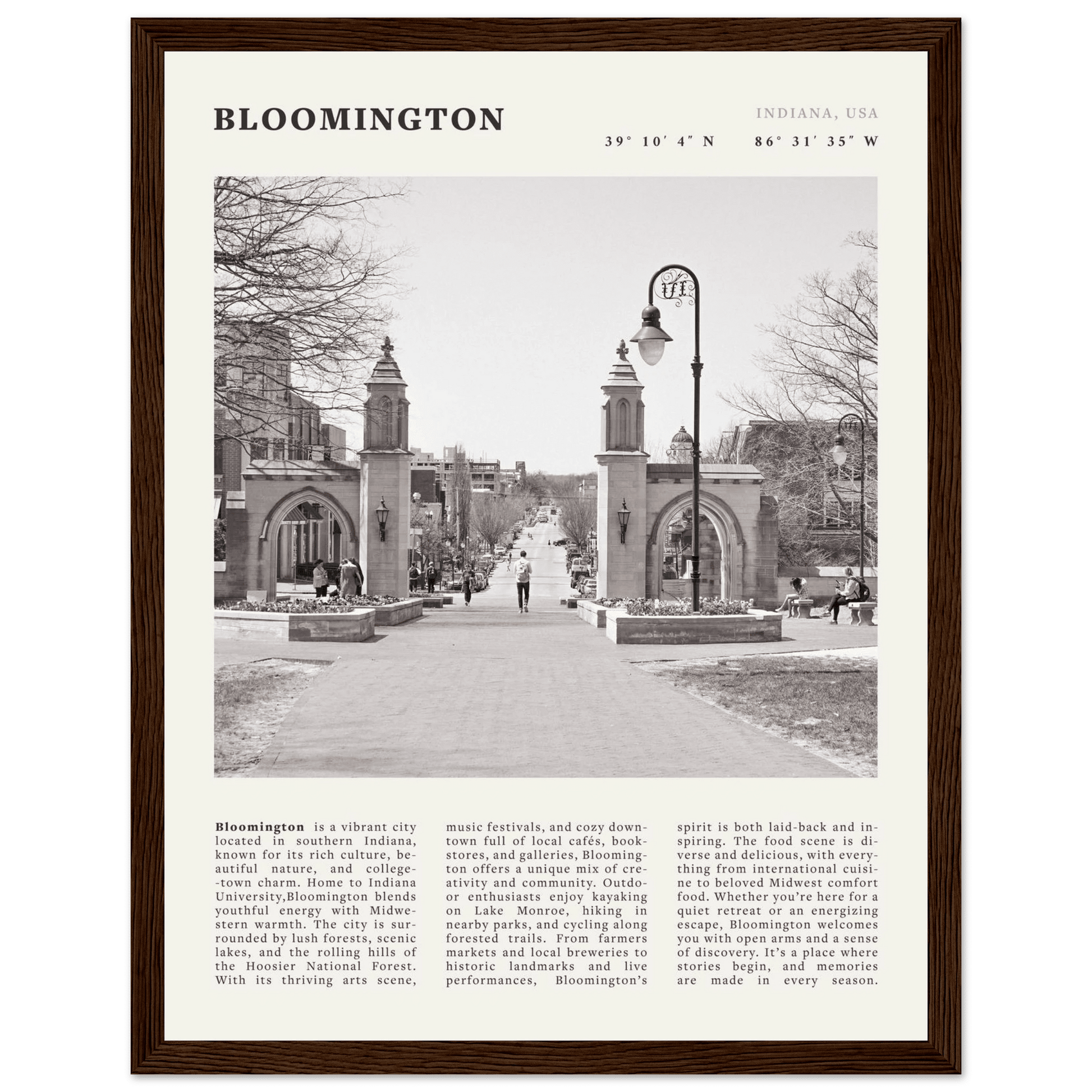 Bloomington Indiana Black and White Vintage Poster - Evergreen Posters