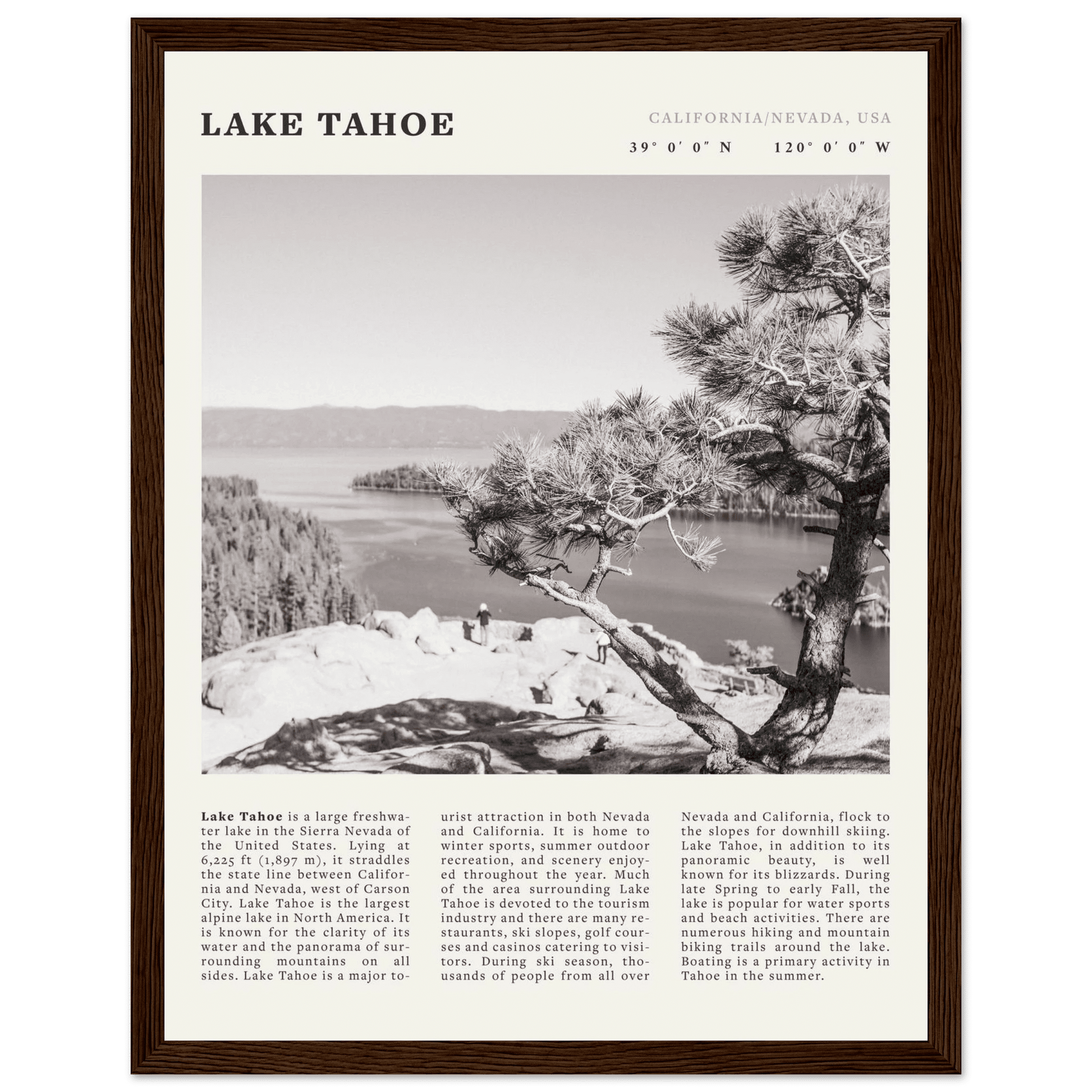 Lake Tahoe Poster | Black & White California Nevada Wall Art | Nature Travel Print Decor - Evergreen Posters