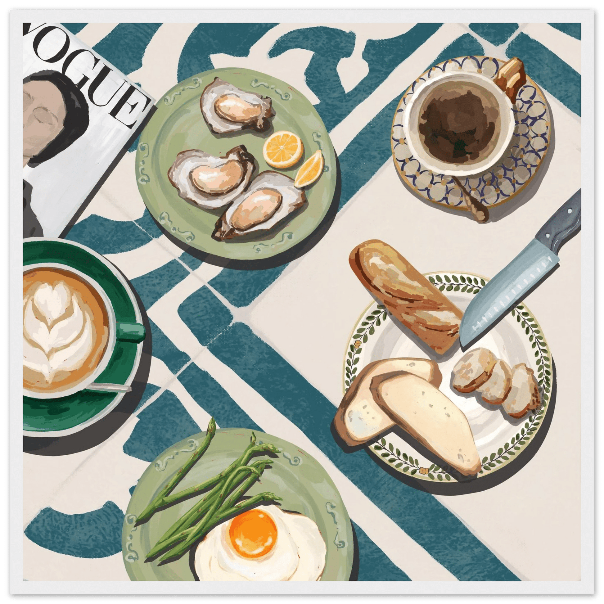 Oysters & Vogue Brunch Poster | Luxury Kitchen Wall Art | Blue Tile Square Print - Evergreen Posters - 15