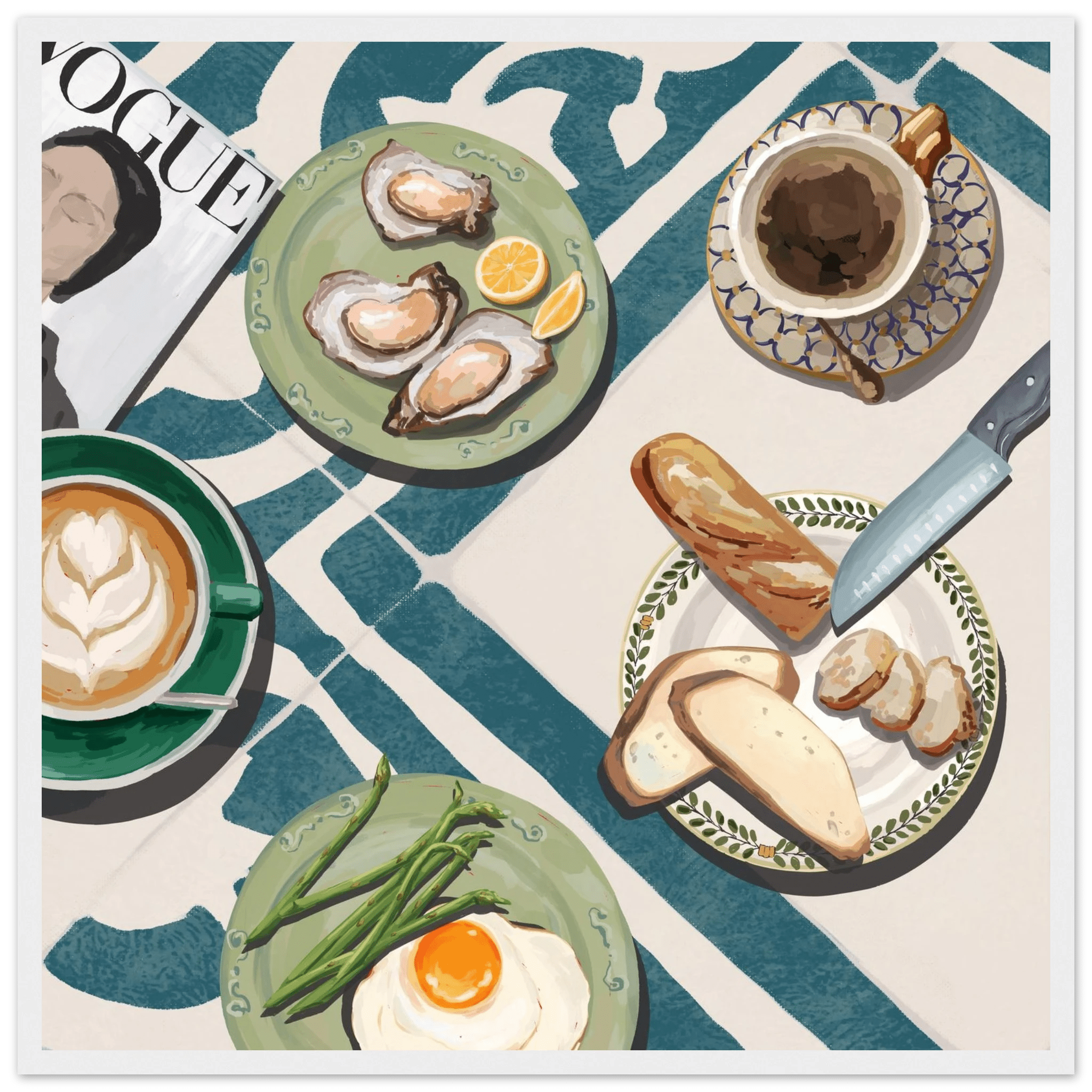 Oysters & Vogue Brunch Poster | Luxury Kitchen Wall Art | Blue Tile Square Print - Evergreen Posters - 15