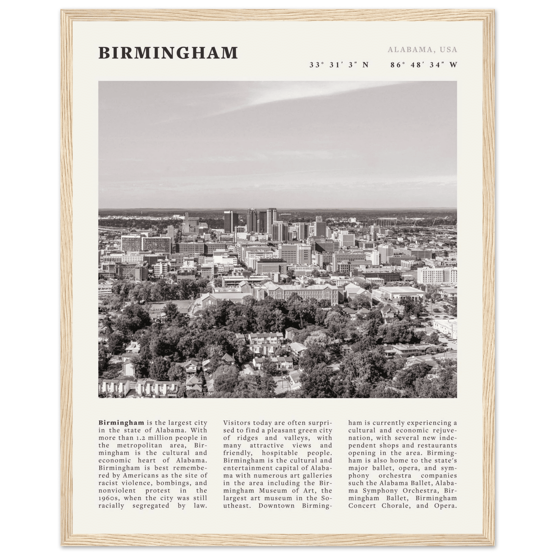 Birmingham Poster | Black & White Alabama Skyline Wall Art | AL Travel Print - Evergreen Posters