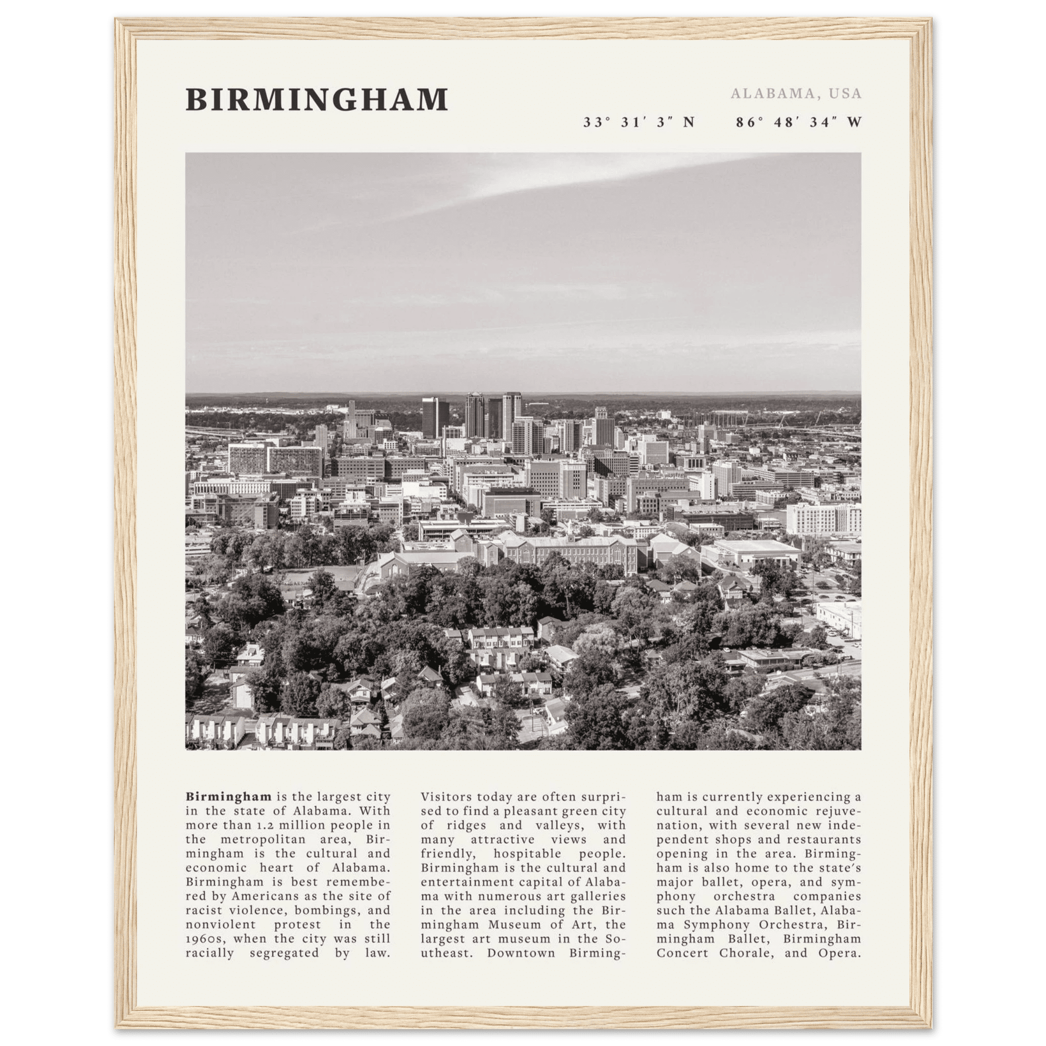 Birmingham Poster | Black & White Alabama Skyline Wall Art | AL Travel Print - Evergreen Posters