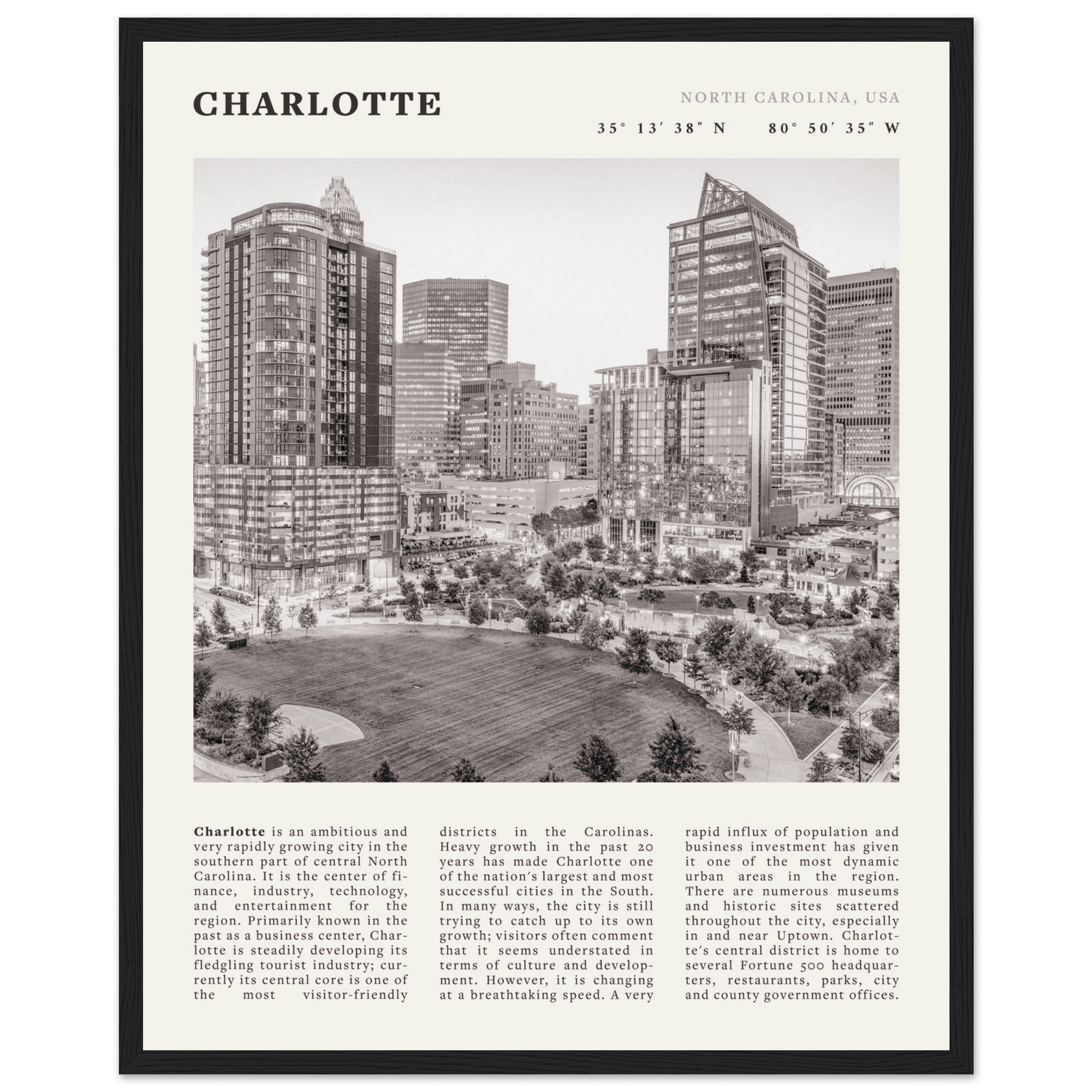 Charlotte Poster | Black & White North Carolina Skyline Wall Art | NC Travel Print - Evergreen Posters