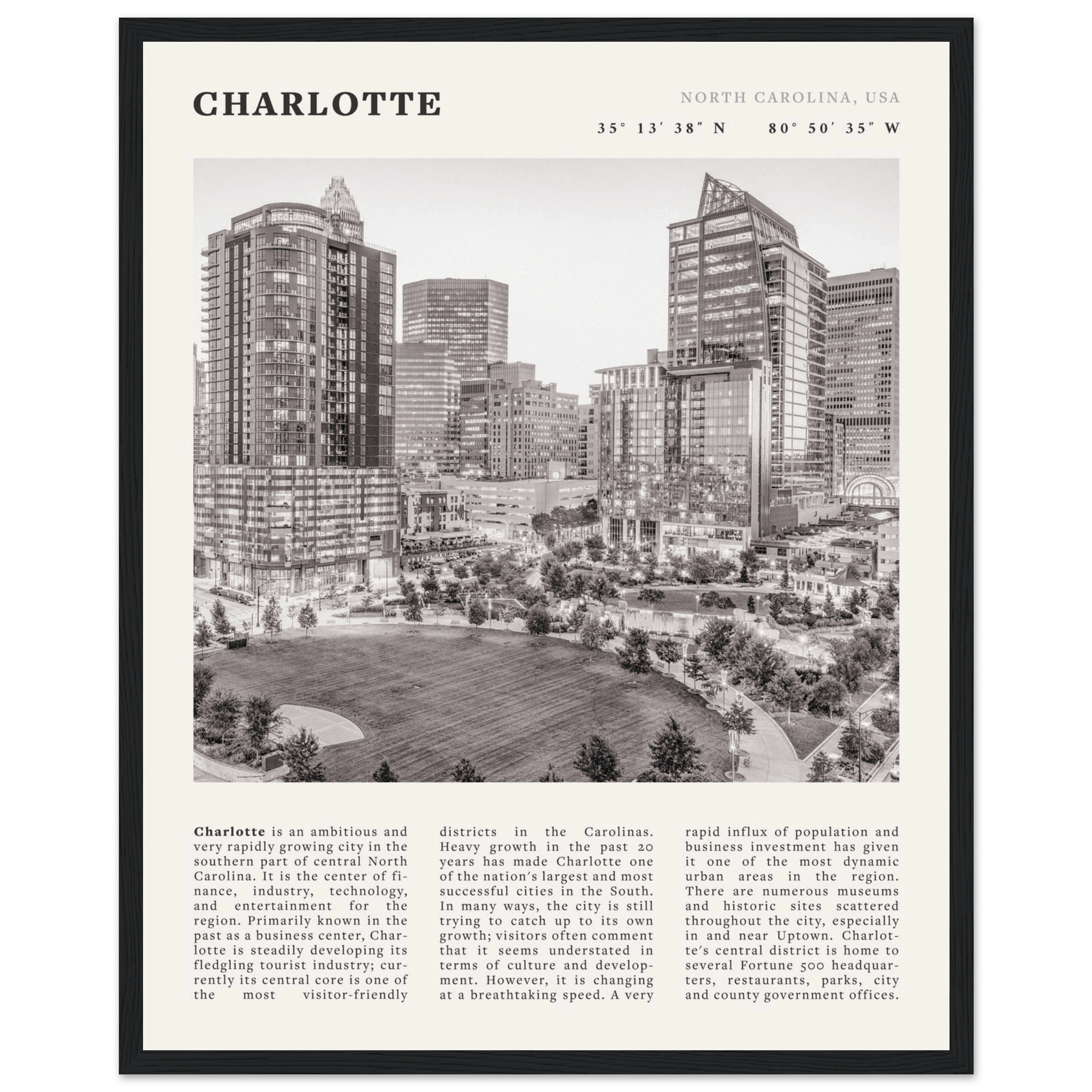 Charlotte Poster | Black & White North Carolina Skyline Wall Art | NC Travel Print - Evergreen Posters