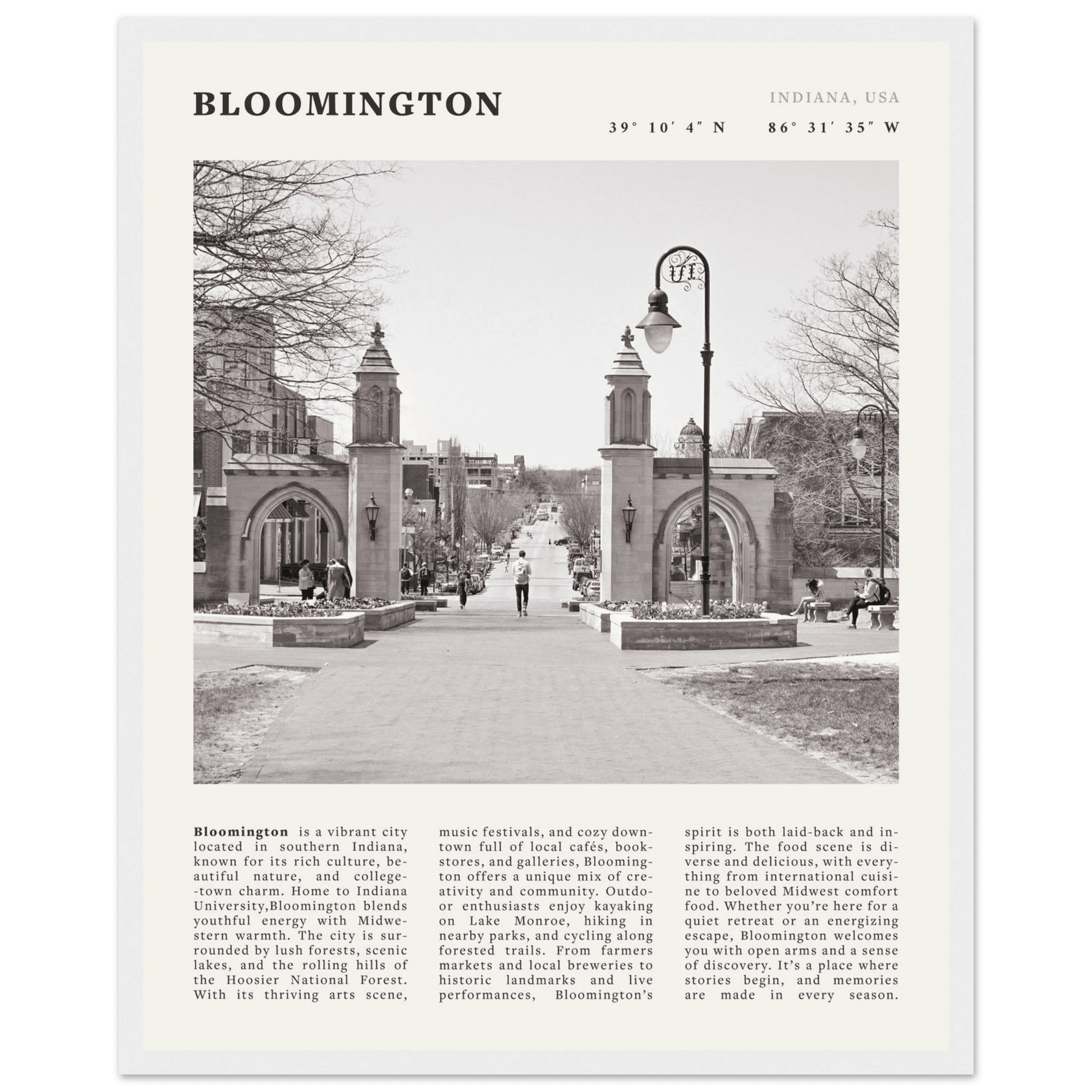 Bloomington Indiana Black and White Vintage Poster - Evergreen Posters