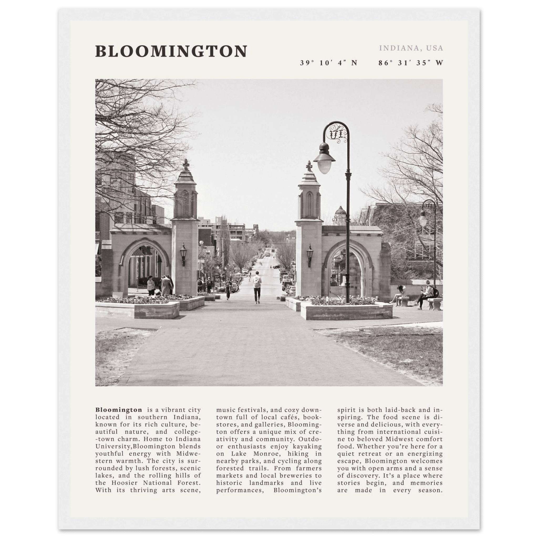 Bloomington Indiana Black and White Vintage Poster - Evergreen Posters