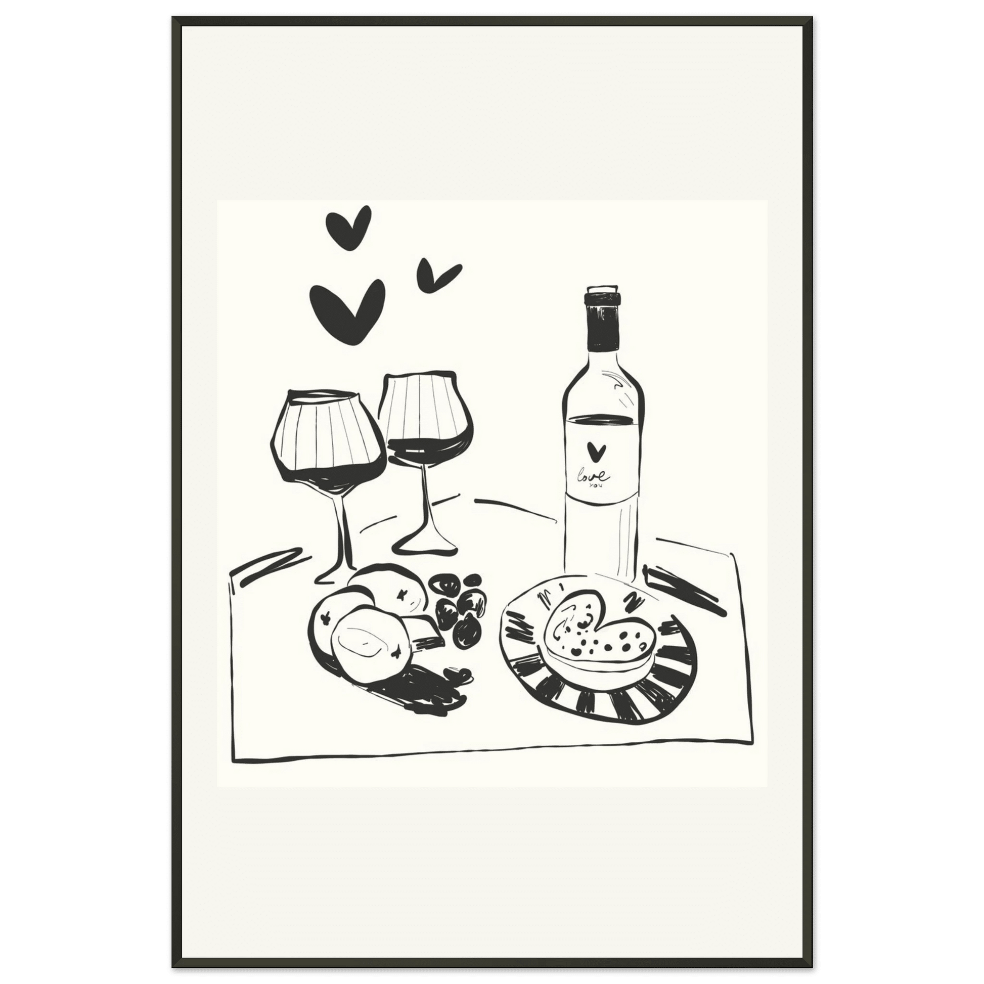 Wine for Two Print | Black Line Art Romantic Kitchen Wall Art | Couples Poster - Evergreen Posters