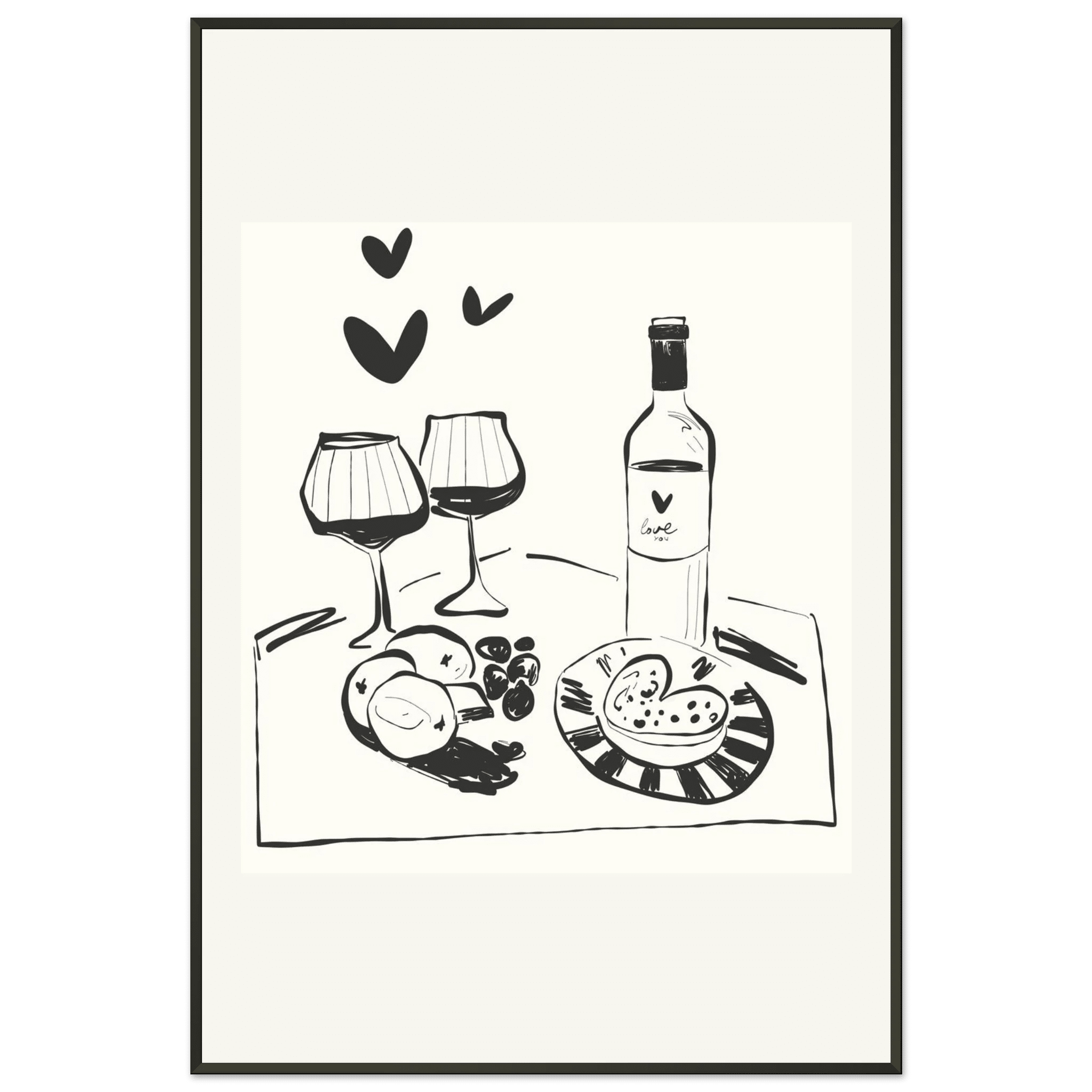 Wine for Two Print | Black Line Art Romantic Kitchen Wall Art | Couples Poster - Evergreen Posters