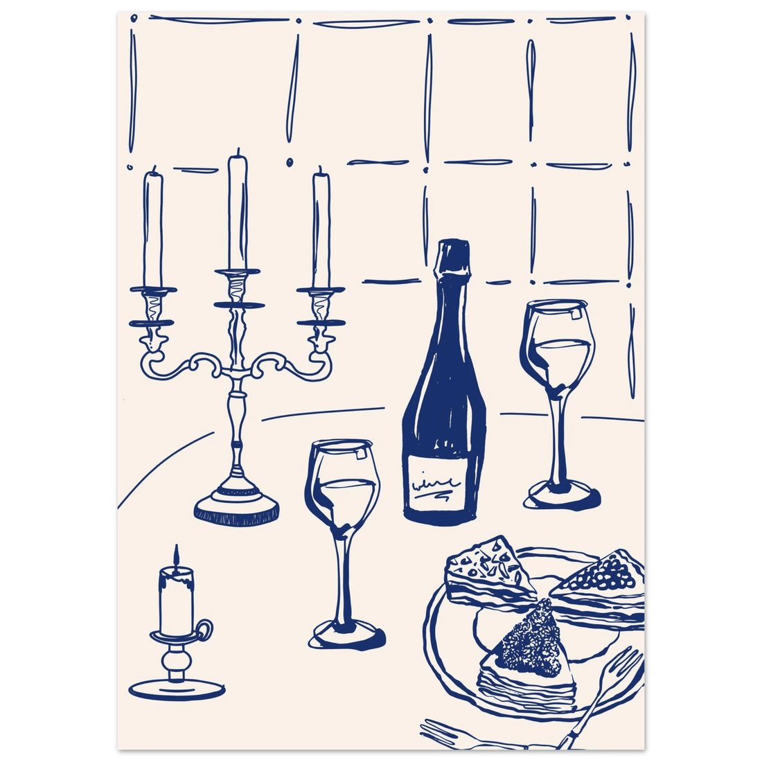 Candlelight Dinner Print | Navy Blue Wine & Candelabra Line Art | Kitchen Poster - Evergreen Posters