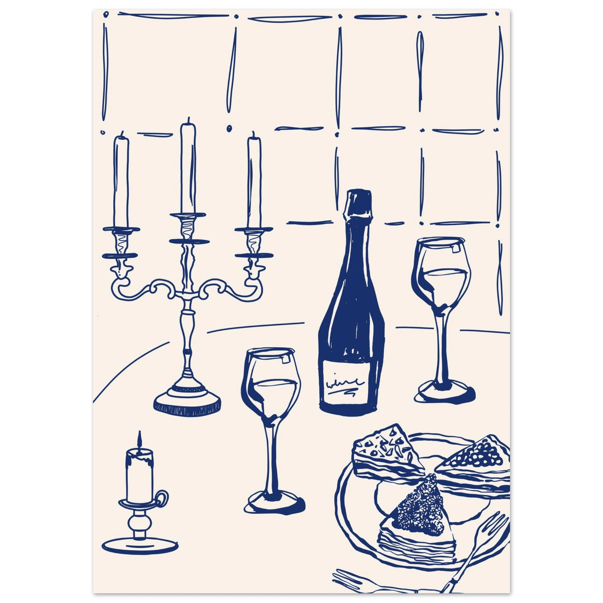 Candlelight Dinner Print | Navy Blue Wine & Candelabra Line Art | Kitchen Poster - Evergreen Posters