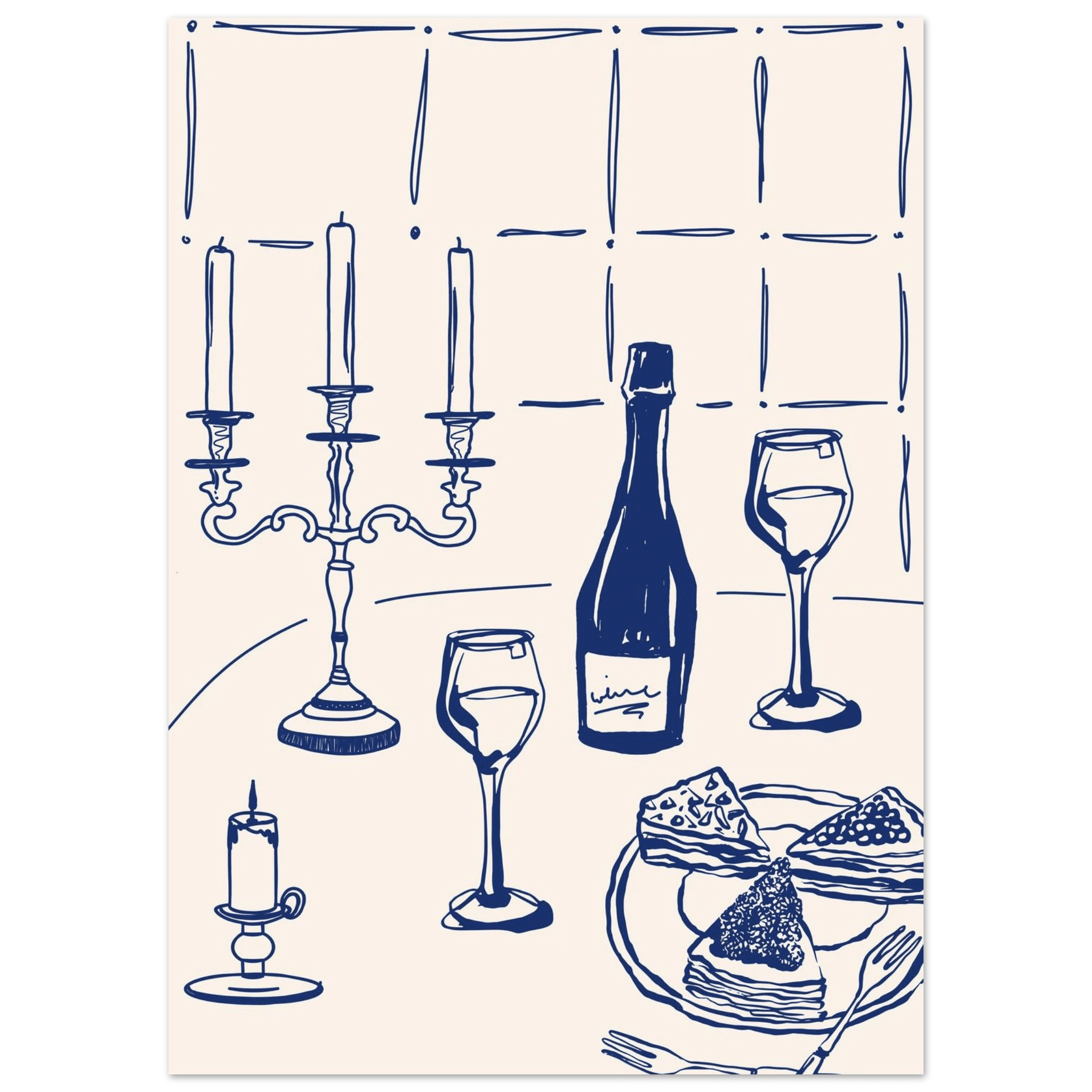 Candlelight Dinner Print | Navy Blue Wine & Candelabra Line Art | Kitchen Poster - Evergreen Posters