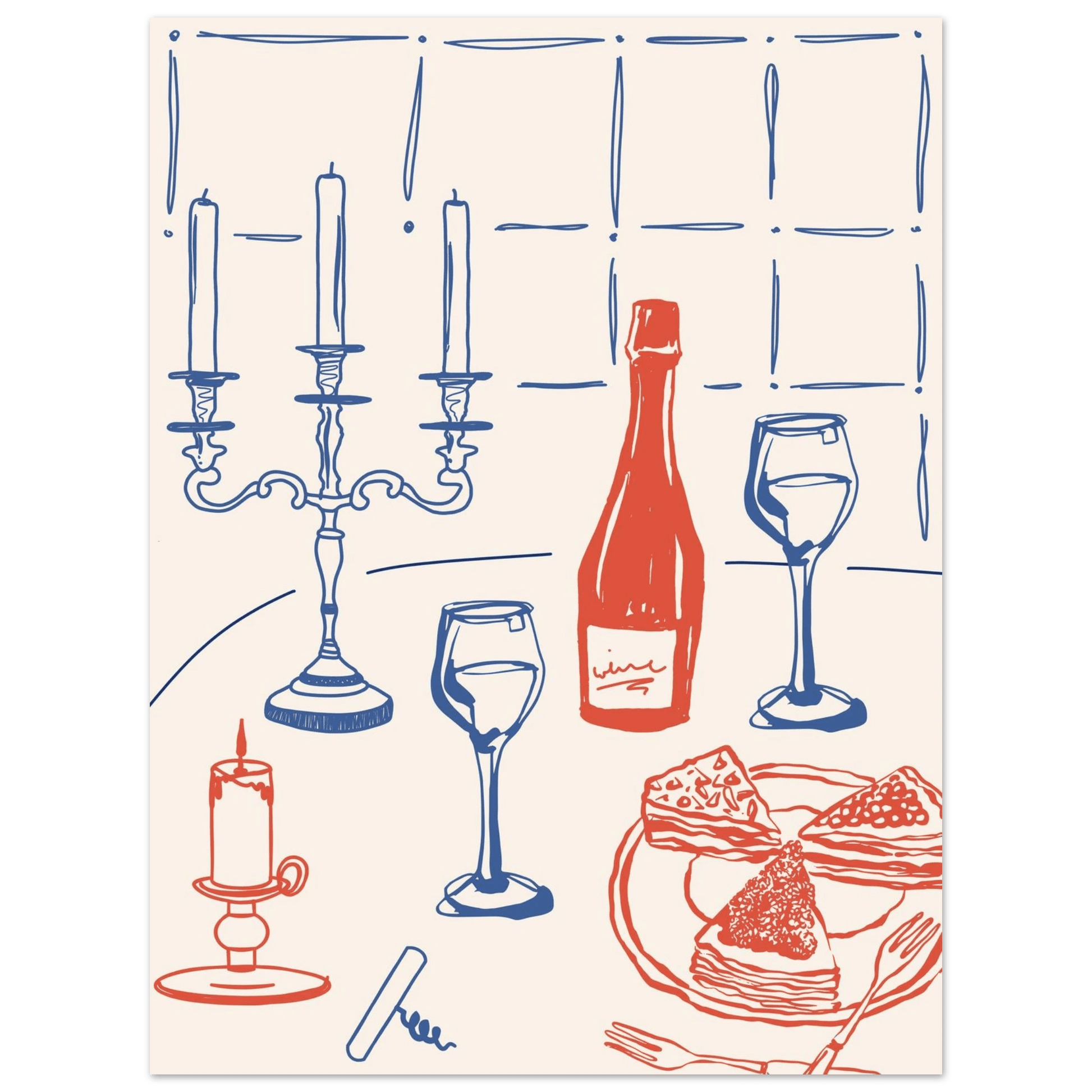 Candlelight Dinner Print | Wine & Candelabra Line Art Wall Art | Kitchen Poster - Evergreen Posters