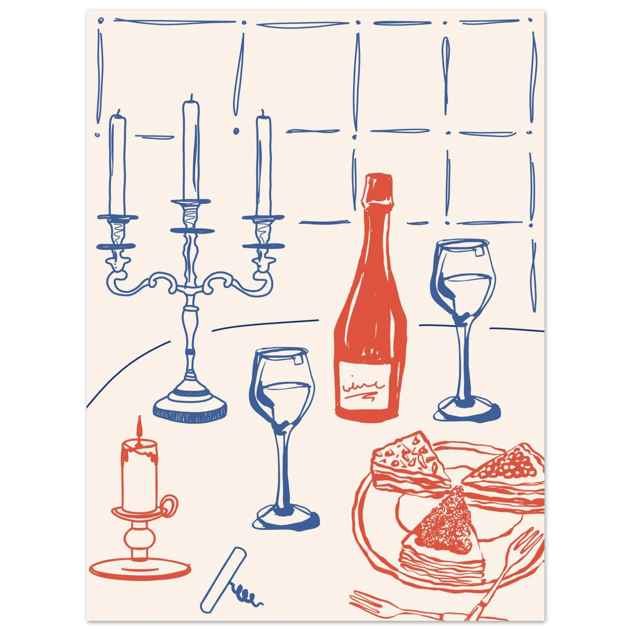 Candlelight Dinner Print | Wine & Candelabra Line Art Wall Art | Kitchen Poster - Evergreen Posters