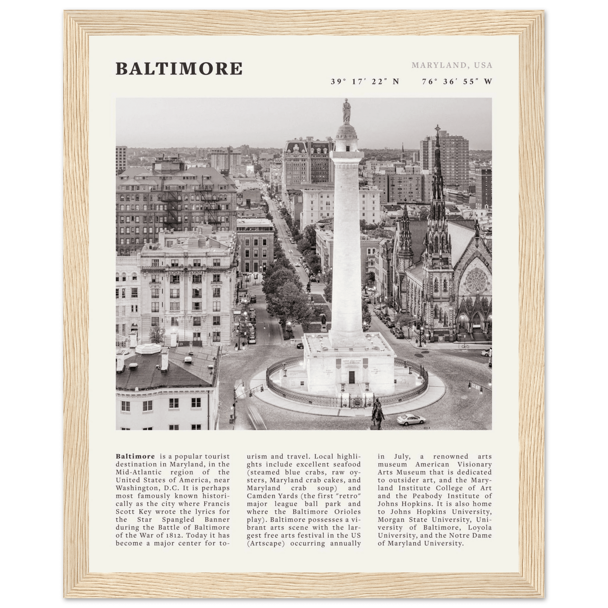 Baltimore Poster | Black & White Maryland City Wall Art | USA Travel Print - Evergreen Posters