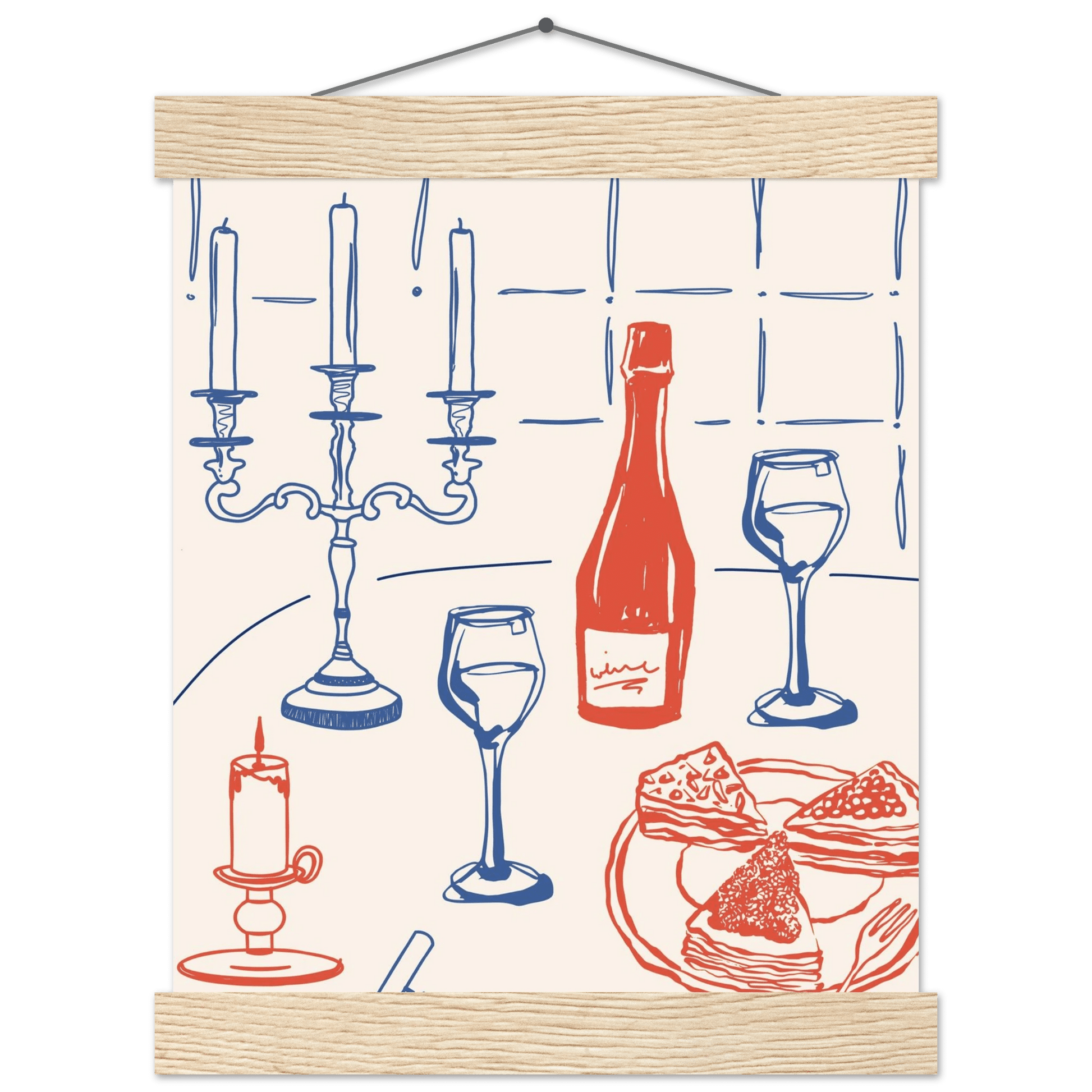 Candlelight Dinner Print | Wine & Candelabra Line Art Wall Art | Kitchen Poster - Evergreen Posters