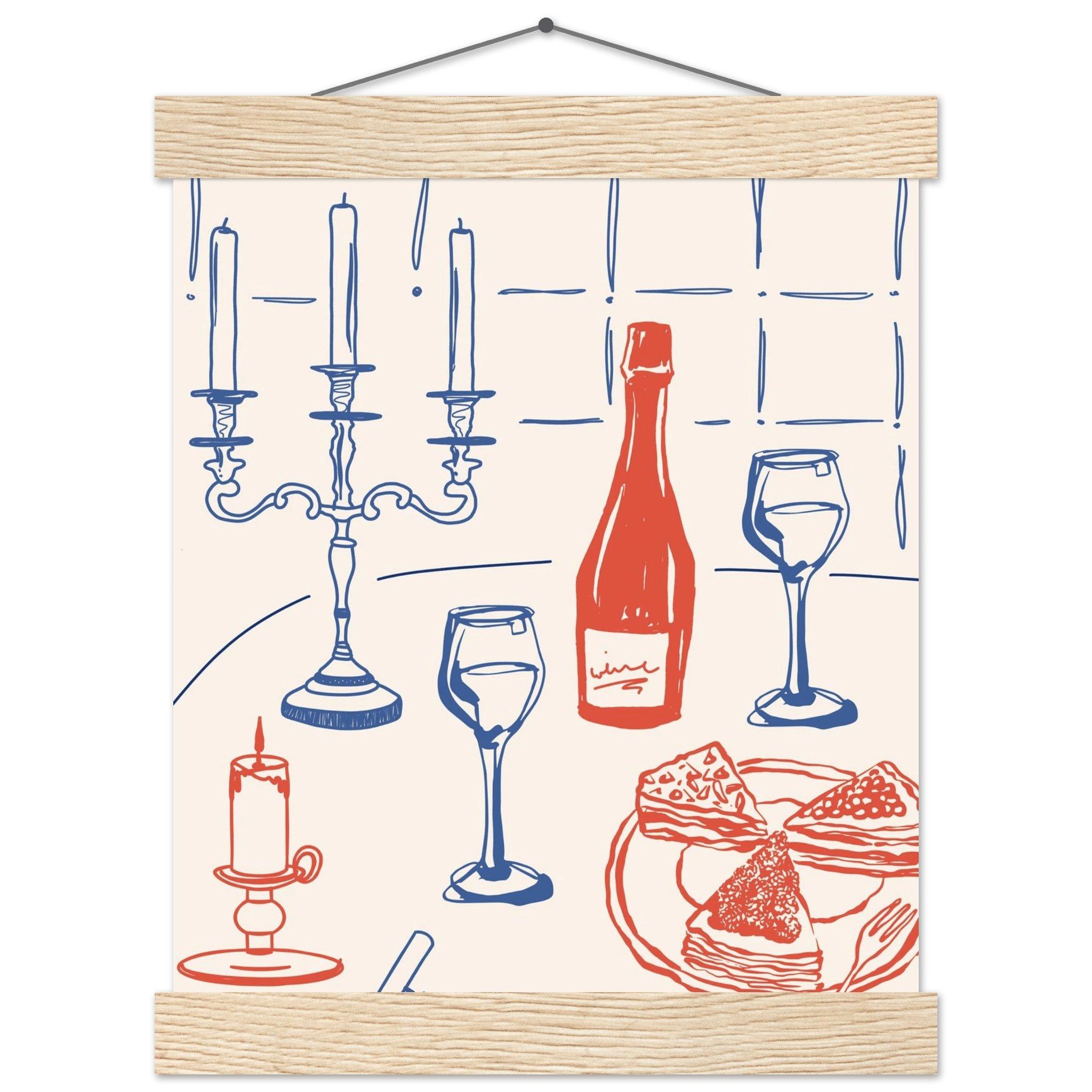 Candlelight Dinner Print | Wine & Candelabra Line Art Wall Art | Kitchen Poster - Evergreen Posters
