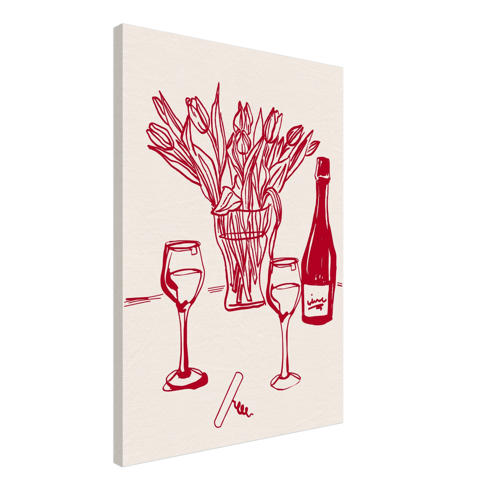 Red Wine & Tulips Print | Line Art Wine Bottle Wall Art | Kitchen Poster - Evergreen Posters