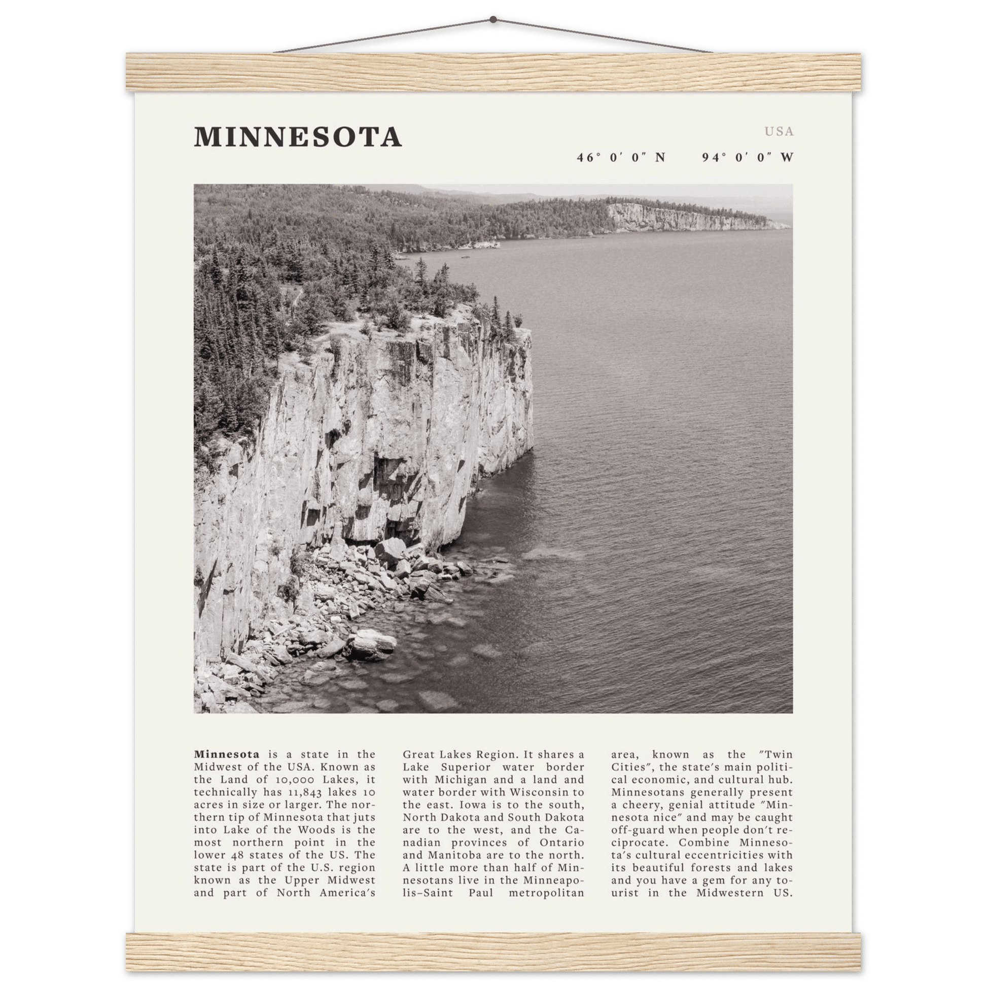 Minnesota Poster | Black & White Lake Superior Wall Art | USA Nature Travel Print - Evergreen Posters