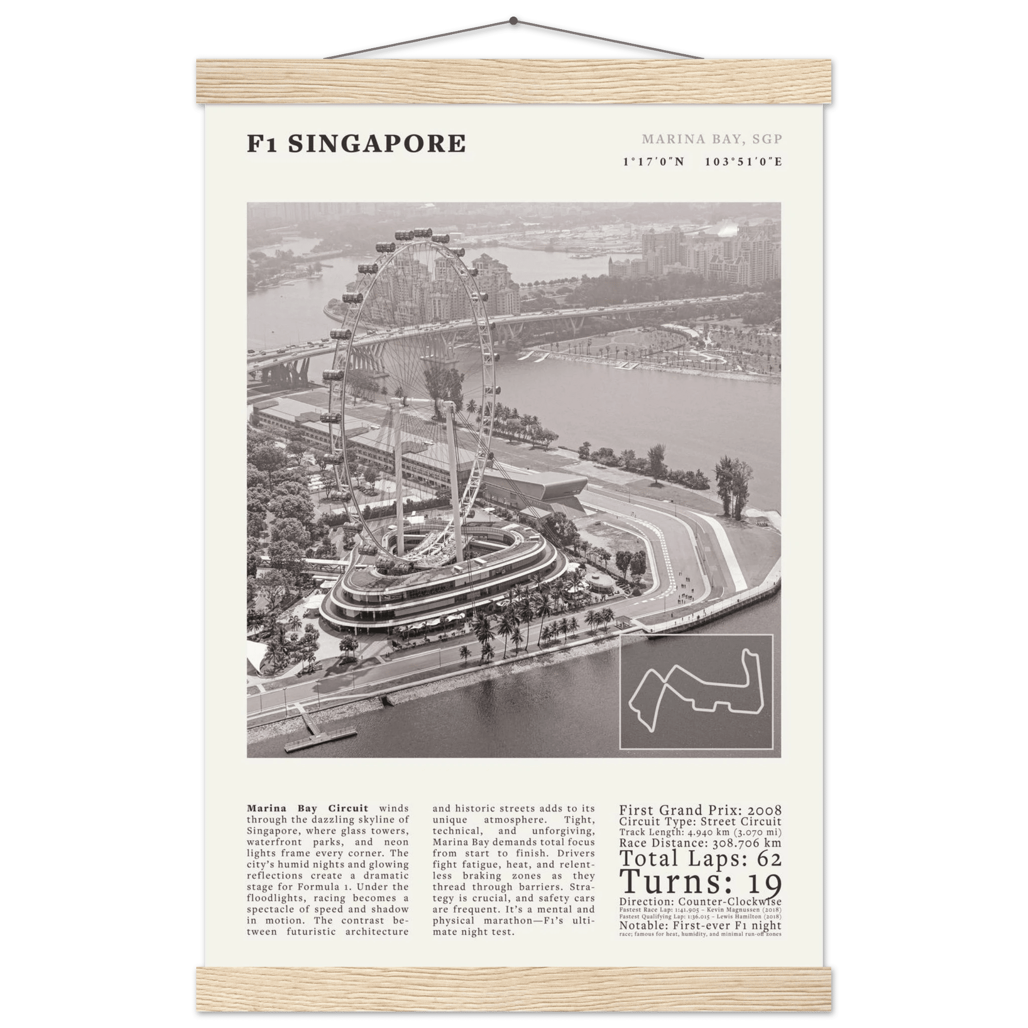 F1 Singapore Poster Black and White – Vintage Marina Bay Night Race Print (Digital & Printed Options) - Evergreen Posters