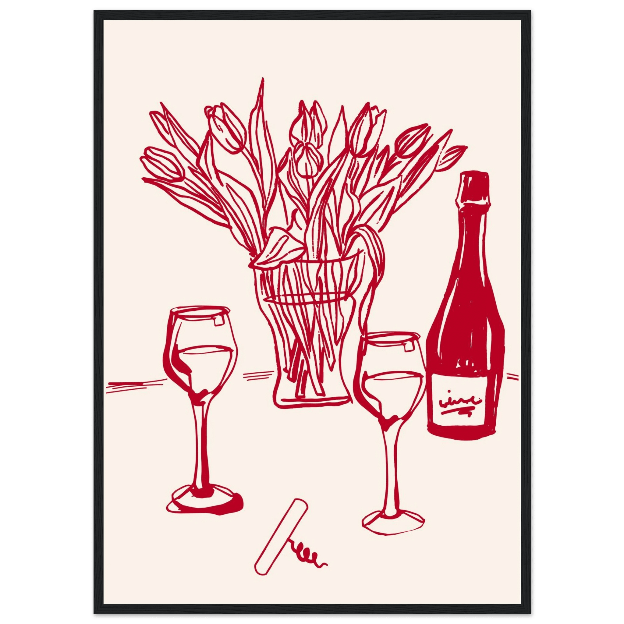 Red Wine & Tulips Print | Line Art Wine Bottle Wall Art | Kitchen Poster - Evergreen Posters