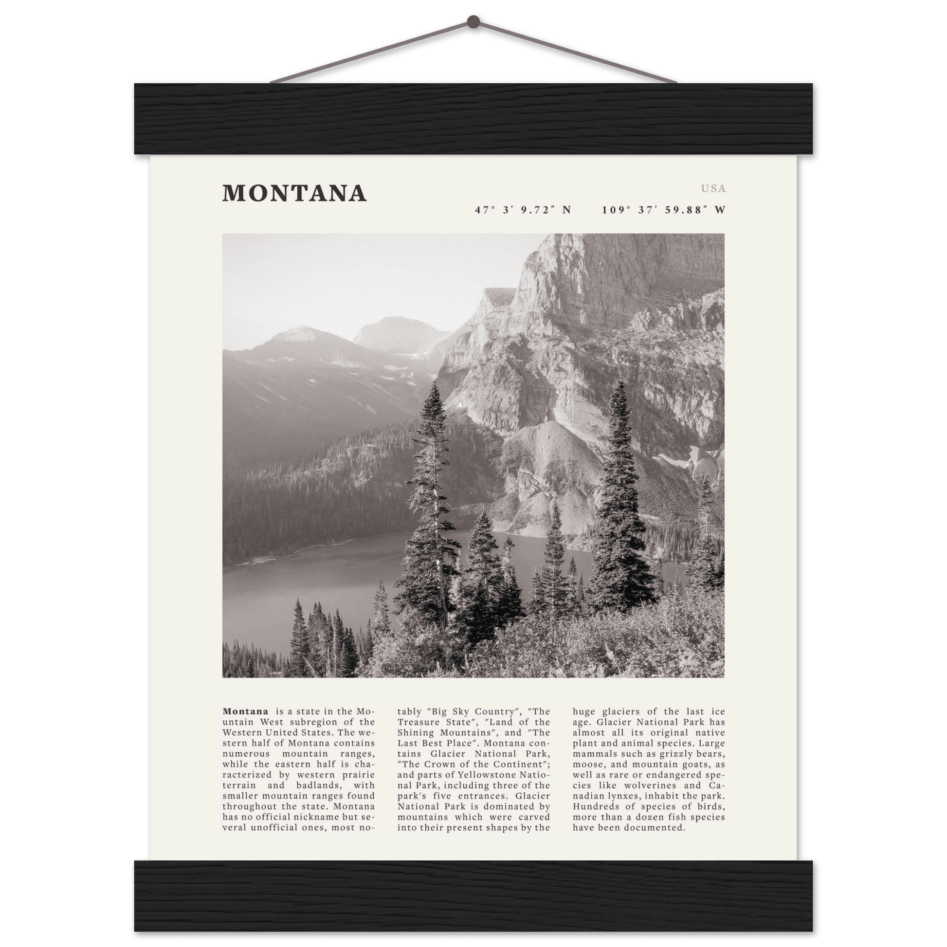 Montana Poster | Black & White Glacier National Park Wall Art | Nature Travel Print - Evergreen Posters