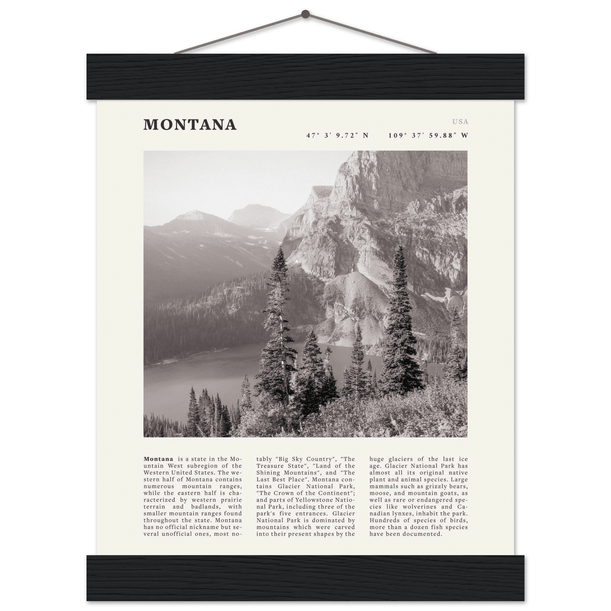 Montana Poster | Black & White Glacier National Park Wall Art | Nature Travel Print - Evergreen Posters