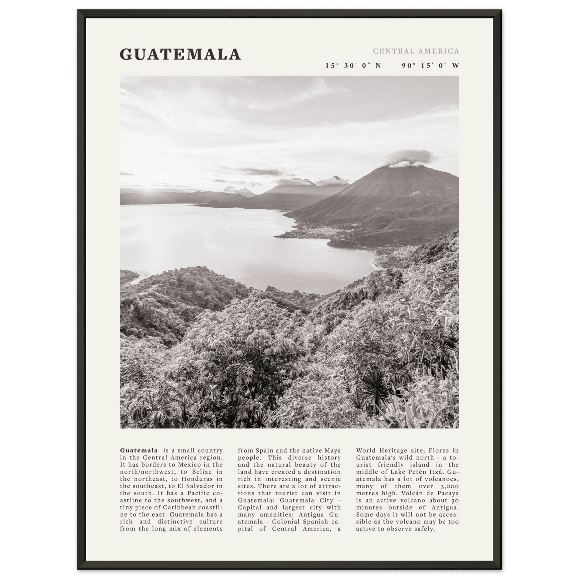 Guatemala Poster | Black & White Lake Atitlan Wall Art | Central America Travel Print - Evergreen Posters