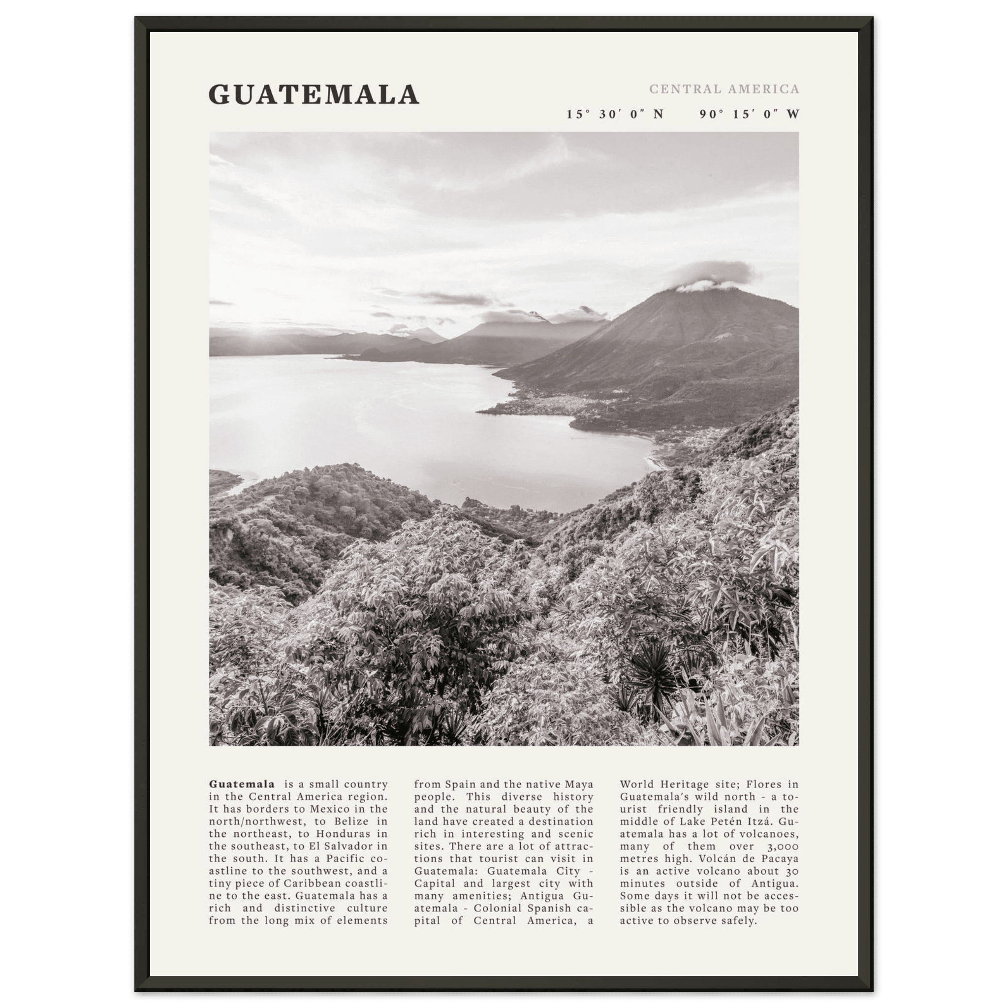 Guatemala Poster | Black & White Lake Atitlan Wall Art | Central America Travel Print - Evergreen Posters