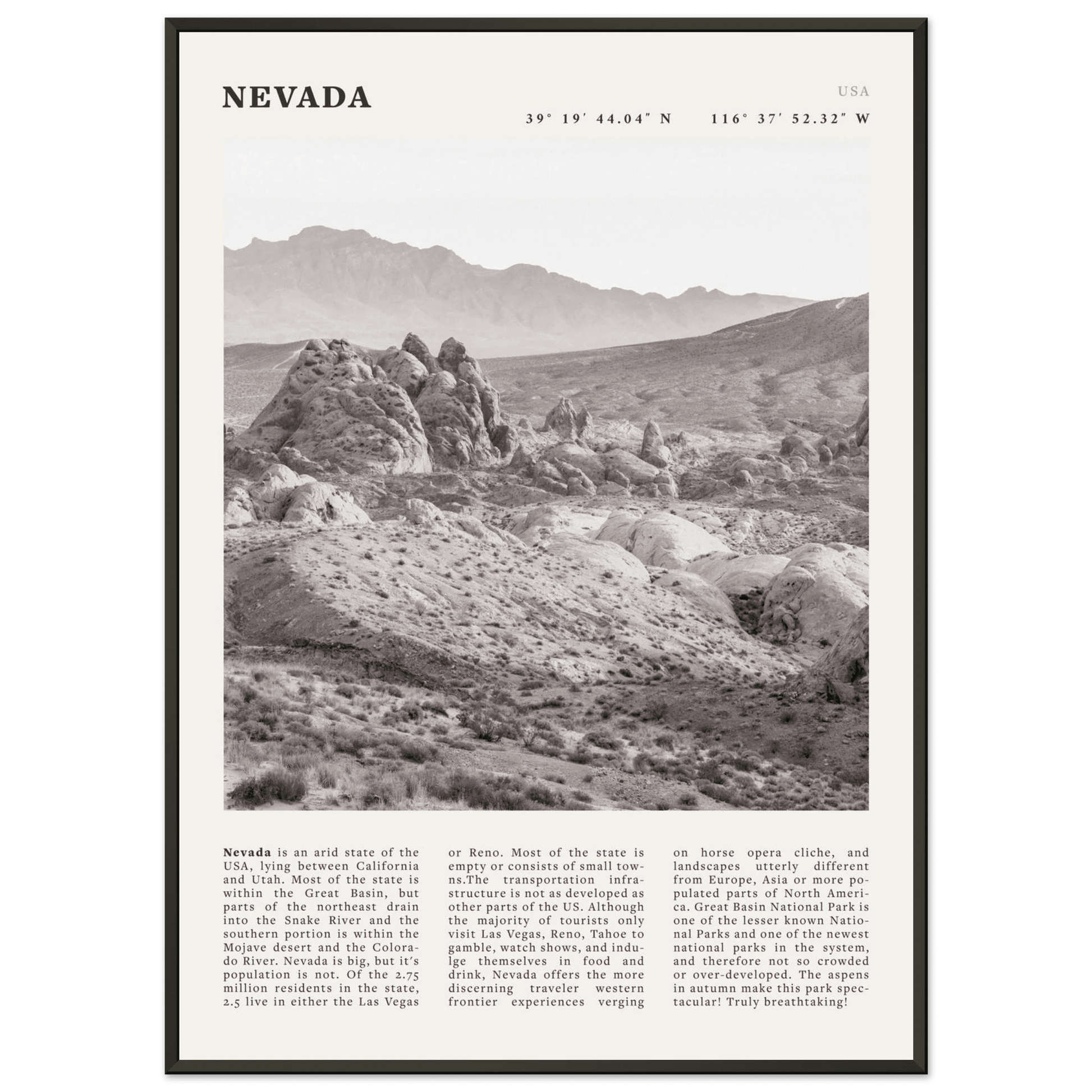 Nevada Poster | Black & White Desert Landscape Wall Art | USA Travel Print Decor - Evergreen Posters