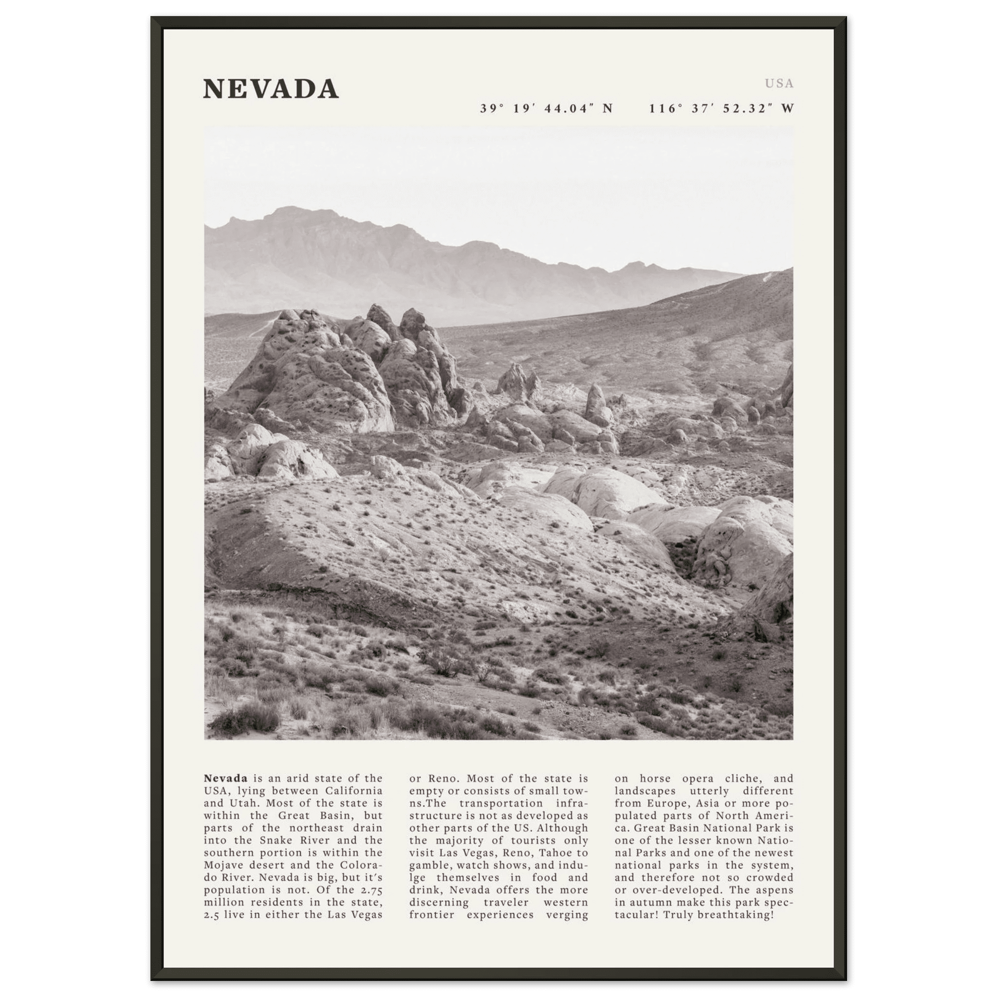 Nevada Poster | Black & White Desert Landscape Wall Art | USA Travel Print Decor - Evergreen Posters