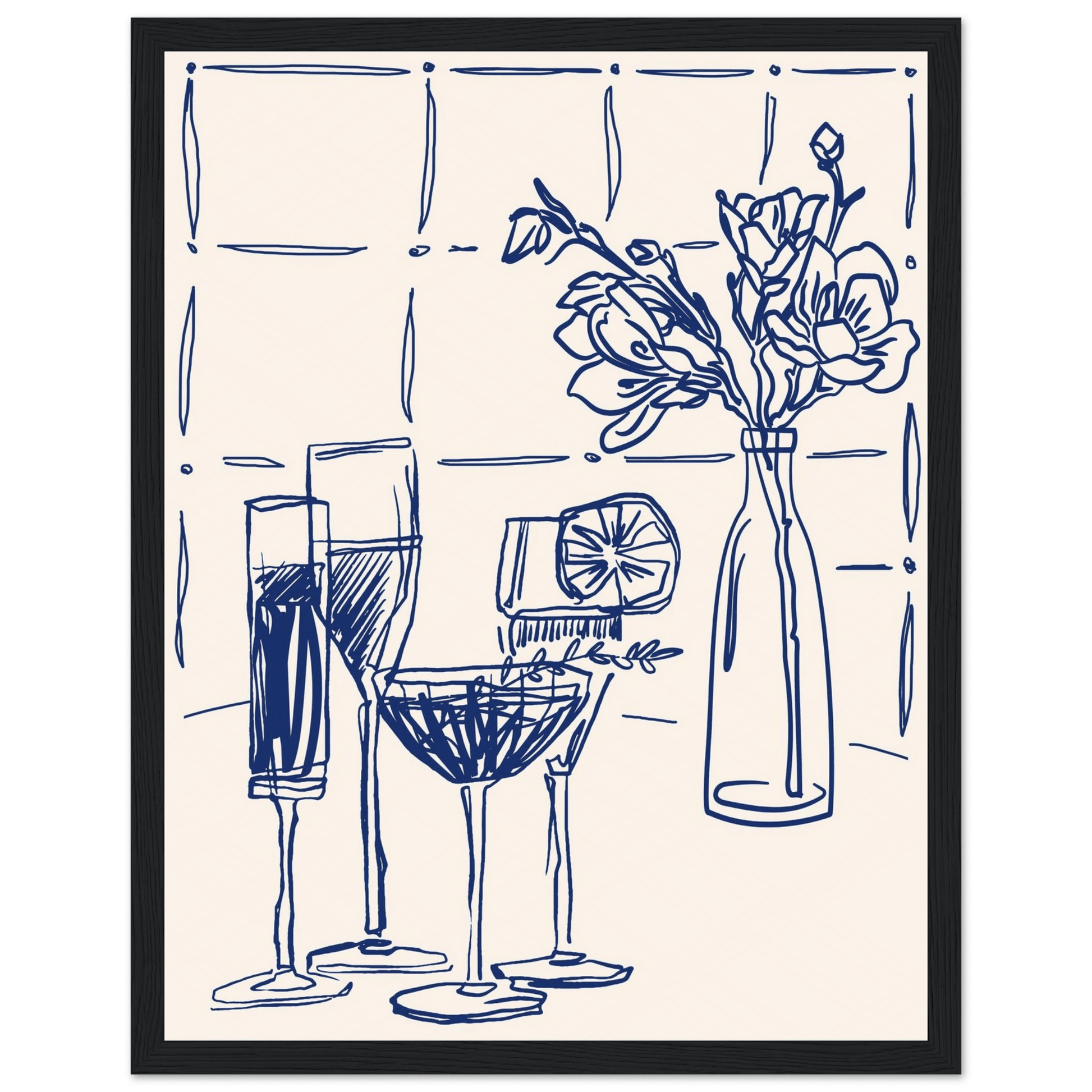 Cocktails & Flowers Print | Navy Blue Line Art Drinks Wall Art | Kitchen Bar Poster - Evergreen Posters
