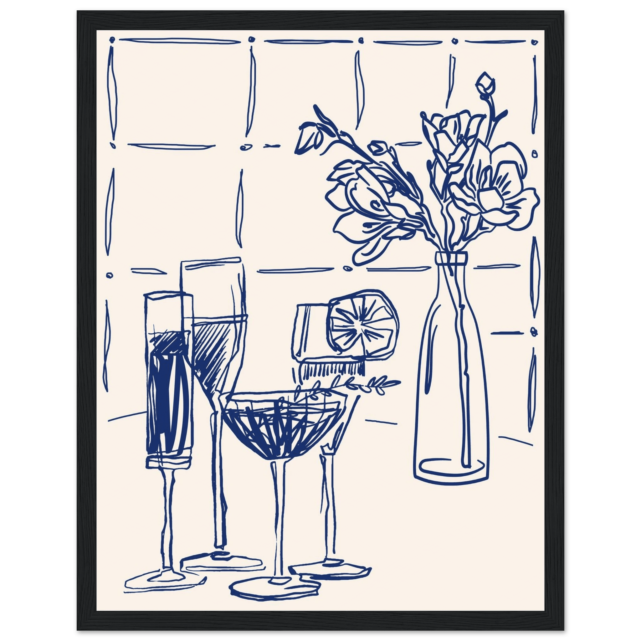Cocktails & Flowers Print | Navy Blue Line Art Drinks Wall Art | Kitchen Bar Poster - Evergreen Posters