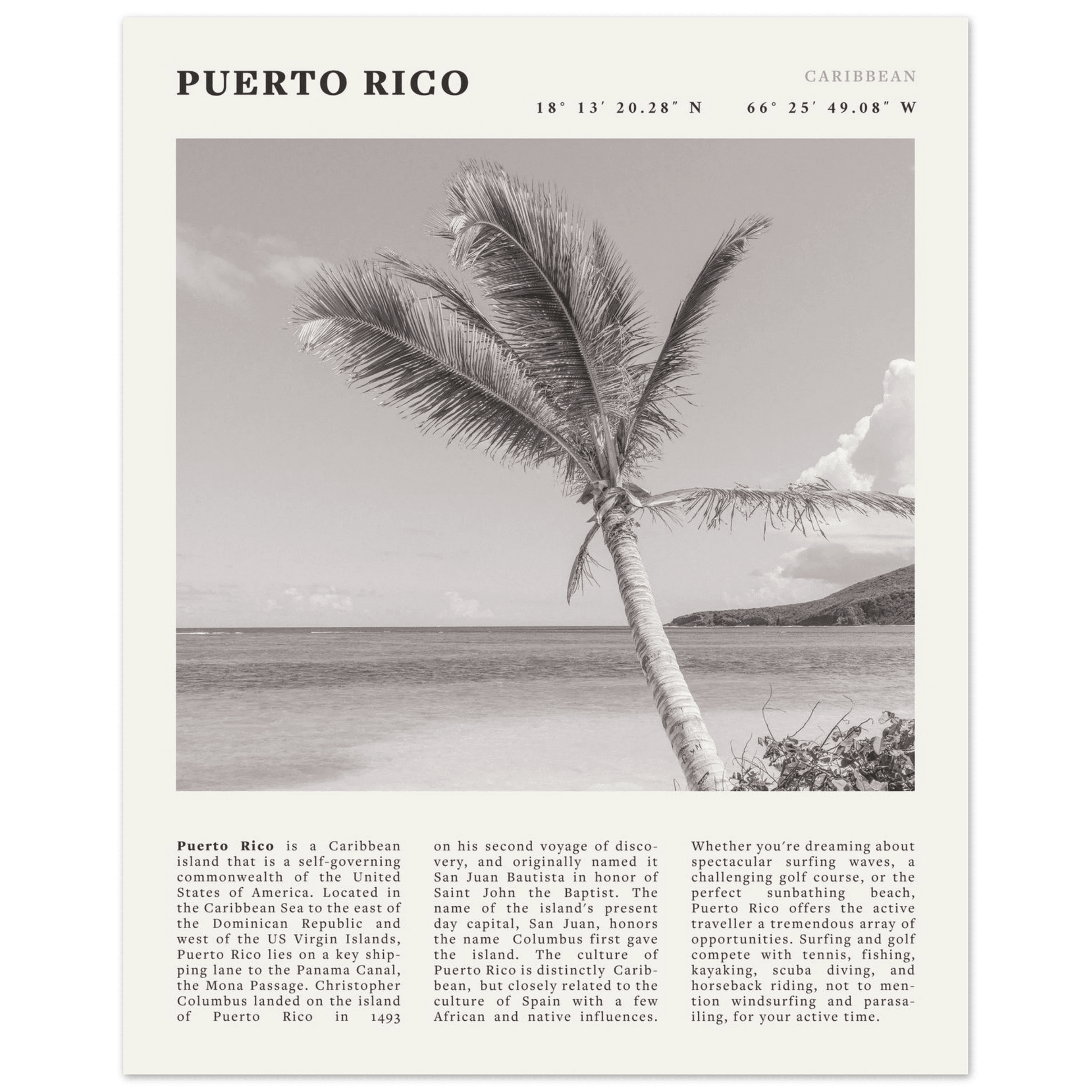 Puerto Rico Poster Black and White – Vintage Caribbean Palm Beach Print (Digital & Printed Options) - Evergreen Posters