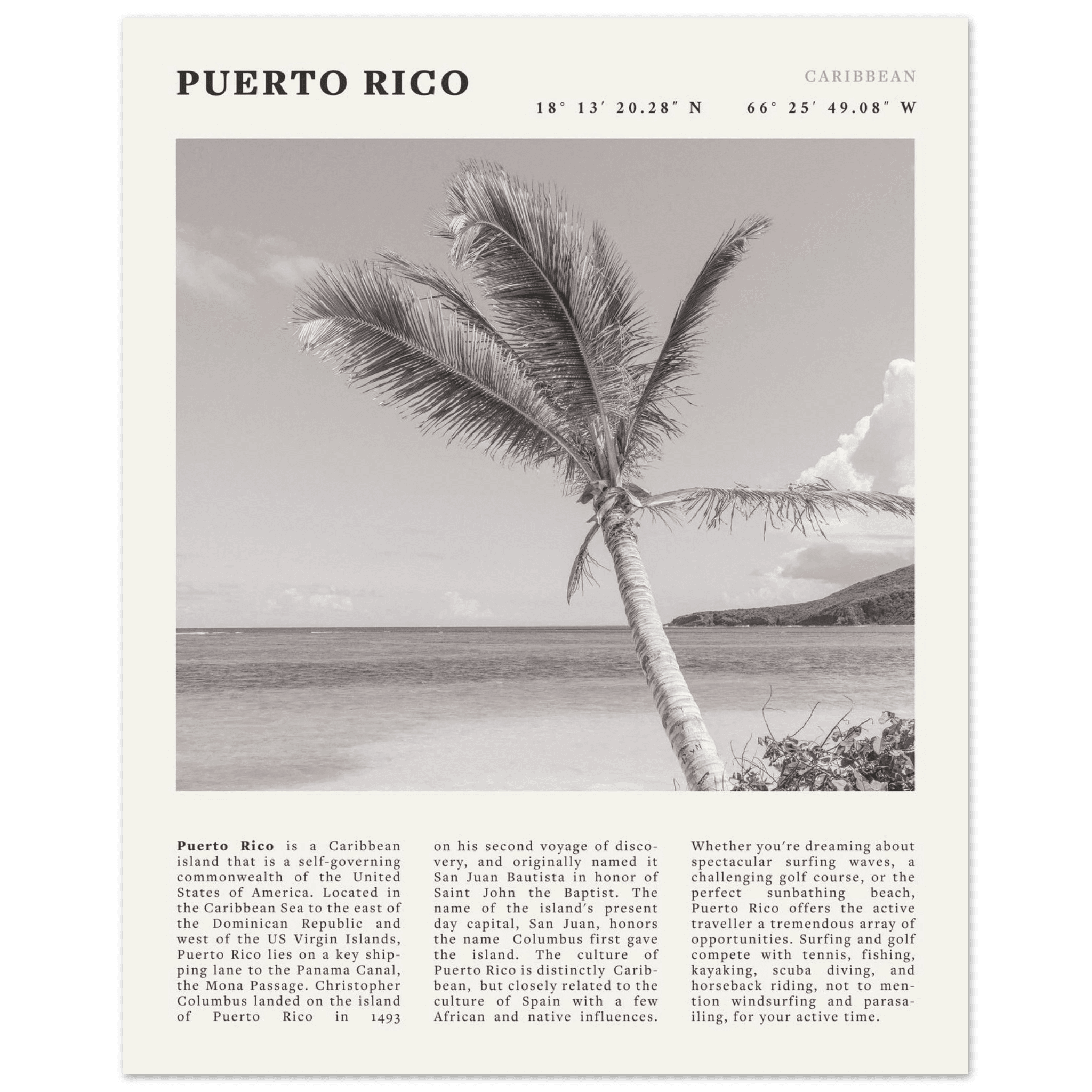 Puerto Rico Poster Black and White – Vintage Caribbean Palm Beach Print (Digital & Printed Options) - Evergreen Posters